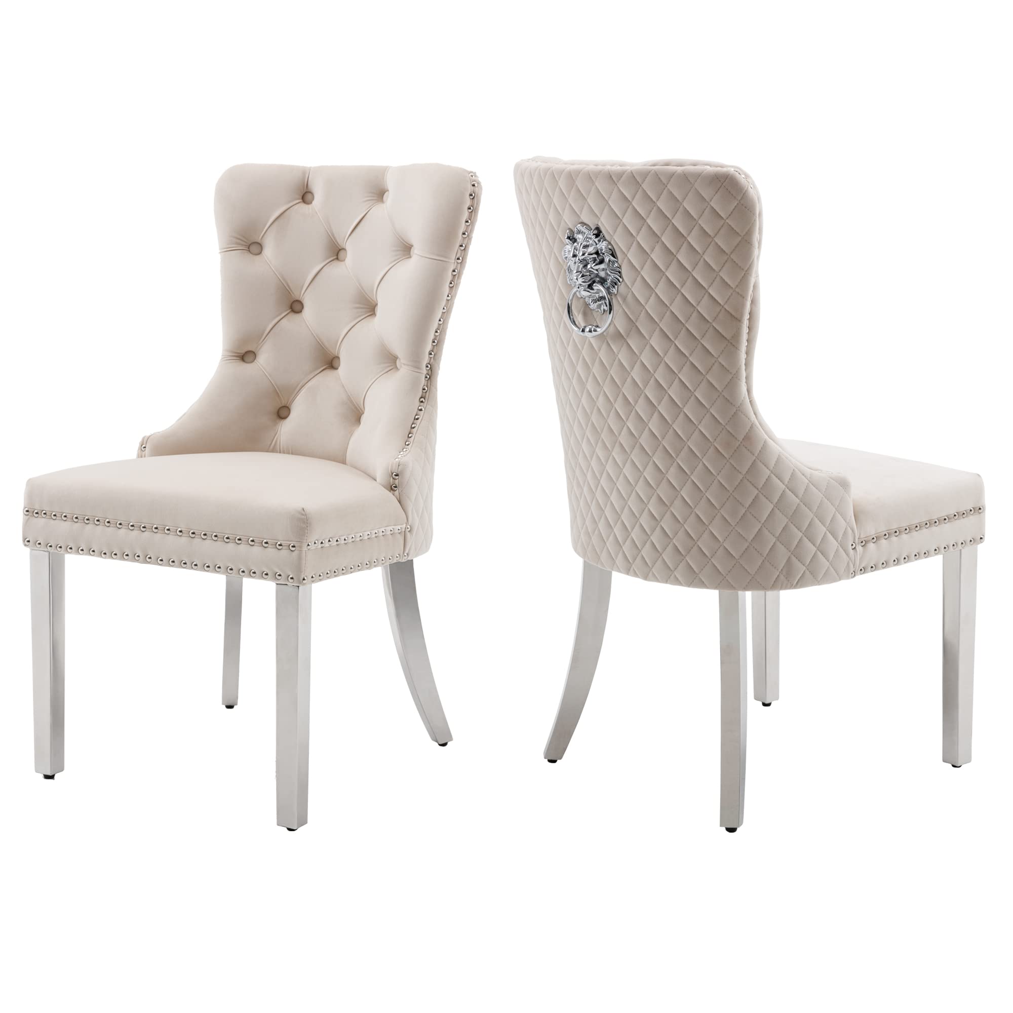 KCC Velvet Upholstered Dining Chairs Set of 2 - Modern Button Tufted Accent Chairs with Lion Head Pull Ring & Stainless Steel Legs for Living Room, Kitchen, Dining Room - Soft Beige Velvet Fabric - Perfect for Home Decor, Entertaining Guests & Cozy Dining