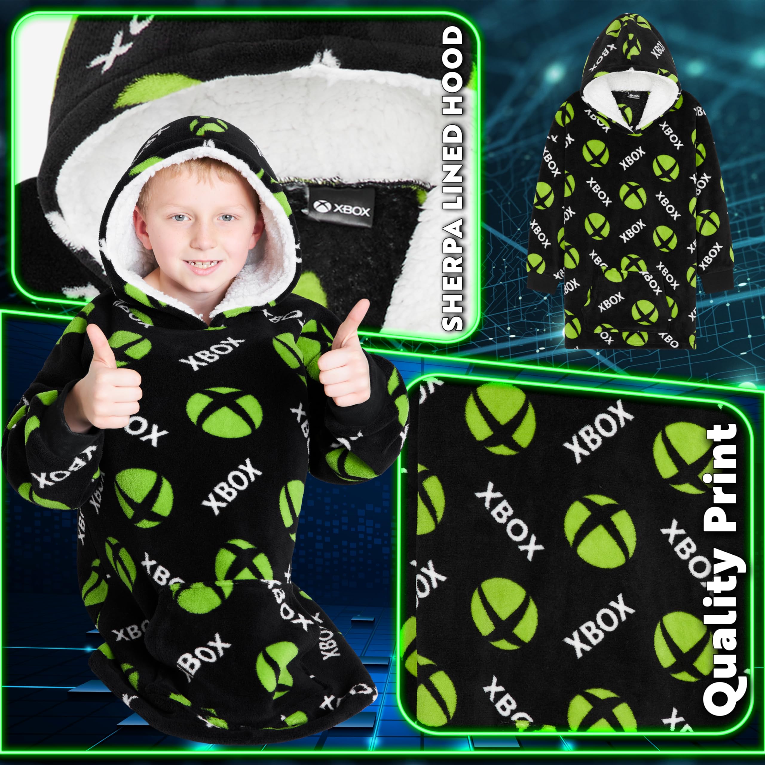 Xbox Fleece Blanket Hoodie for Boys & Teens - Oversized Cozy Hooded Blanket Wearable Throw - Perfect Gaming Gift for Gamers & Kids - Great for Sleepovers, Movie Nights & Gaming Sessions