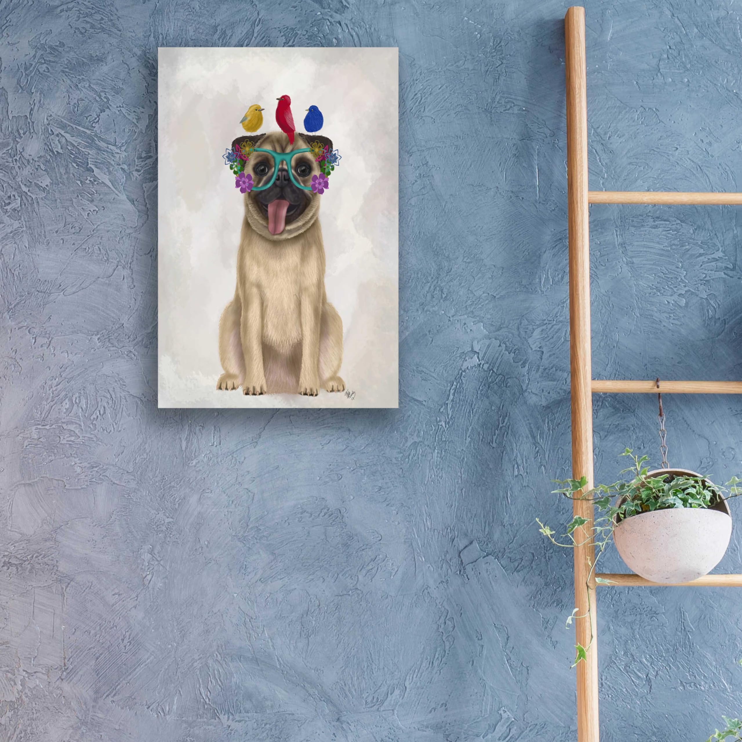 Fab Funky 'Pug and Flower Glasses' Acrylic Wall Art - 16x24 Inch Modern Dog Painting - Perfect for Living Room, Bedroom & Office Decor