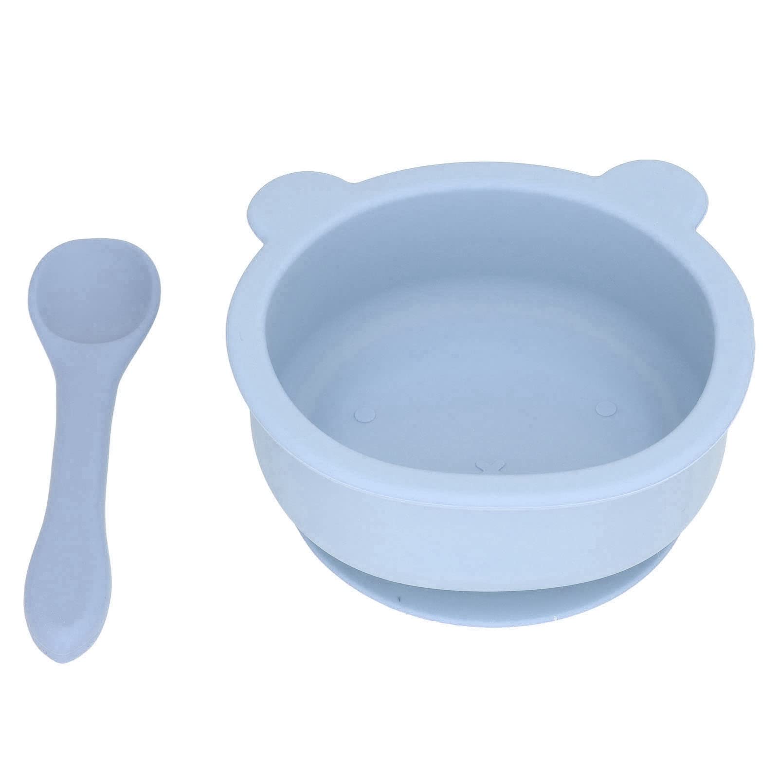 Fafeicy Non-Slip Silicone Baby Bowl with Suction Base - Anti-Spill Toddler Feeding Set Includes Spoon - Heat-Resistant for Mealtime - Fits Most Tables (Grey-Blue) - Perfect for High Chairs, Travel & Mess-Free Feeding