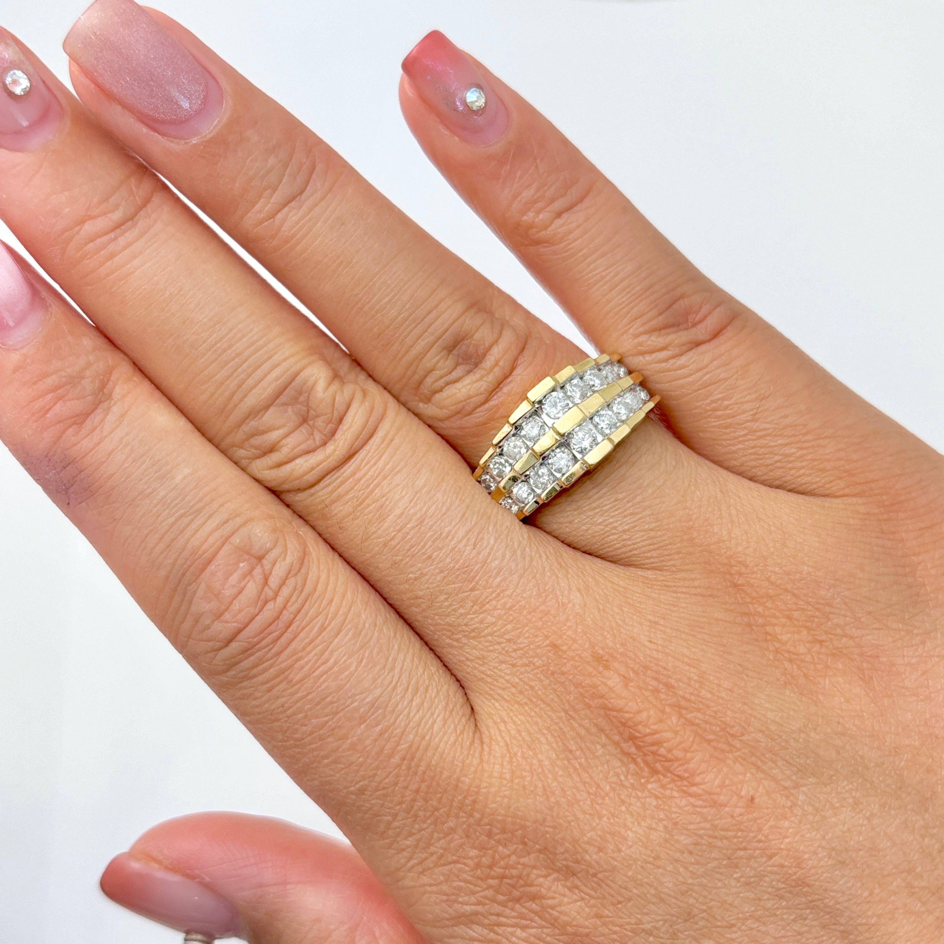 10K Yellow Gold Double Row Diamond Ring for Women | 0.95ctw Total Weight | Size 7 | Elegant Wedding Band, Anniversary Gift & Everyday Luxury Jewelry