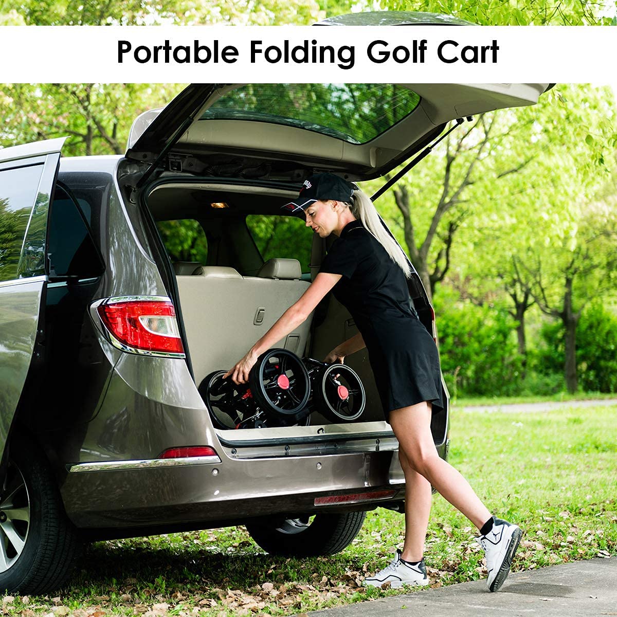 MEDIMALL Mayjooy 4 Wheel Folding Golf Push Cart - Lightweight Collapsible Golf Trolley with Cup Holder, Umbrella Holder & Scorecard | Foot Brake System | Perfect for Golf Course, Driving Range & Outdoor Practice | Golf Accessories for Men & Women