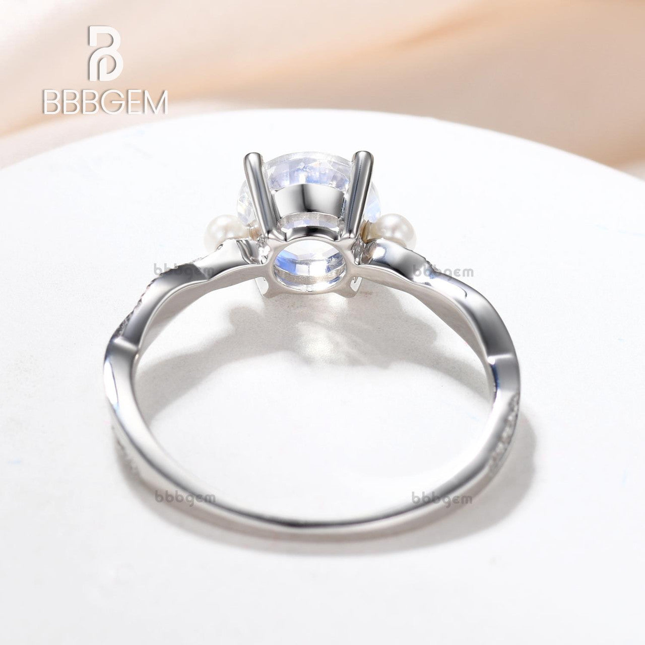 Infinity Round Cut Moonstone Engagement Ring with Akoya Pearl - 14K White Gold Three Stone Wedding Band for Bridal, Anniversary & Special Occasions