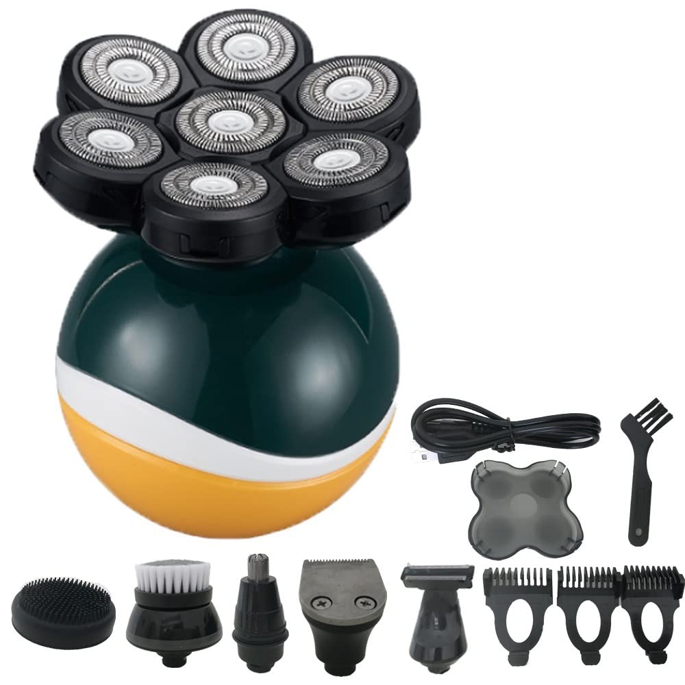 6-in-1 Rechargeable Electric Head Shaver for Bald Men - Floating Heads Wet/Dry Shaving System - Complete Grooming Kit with 7 Attachments - Perfect for Travel, Home Use & Professional Barbers