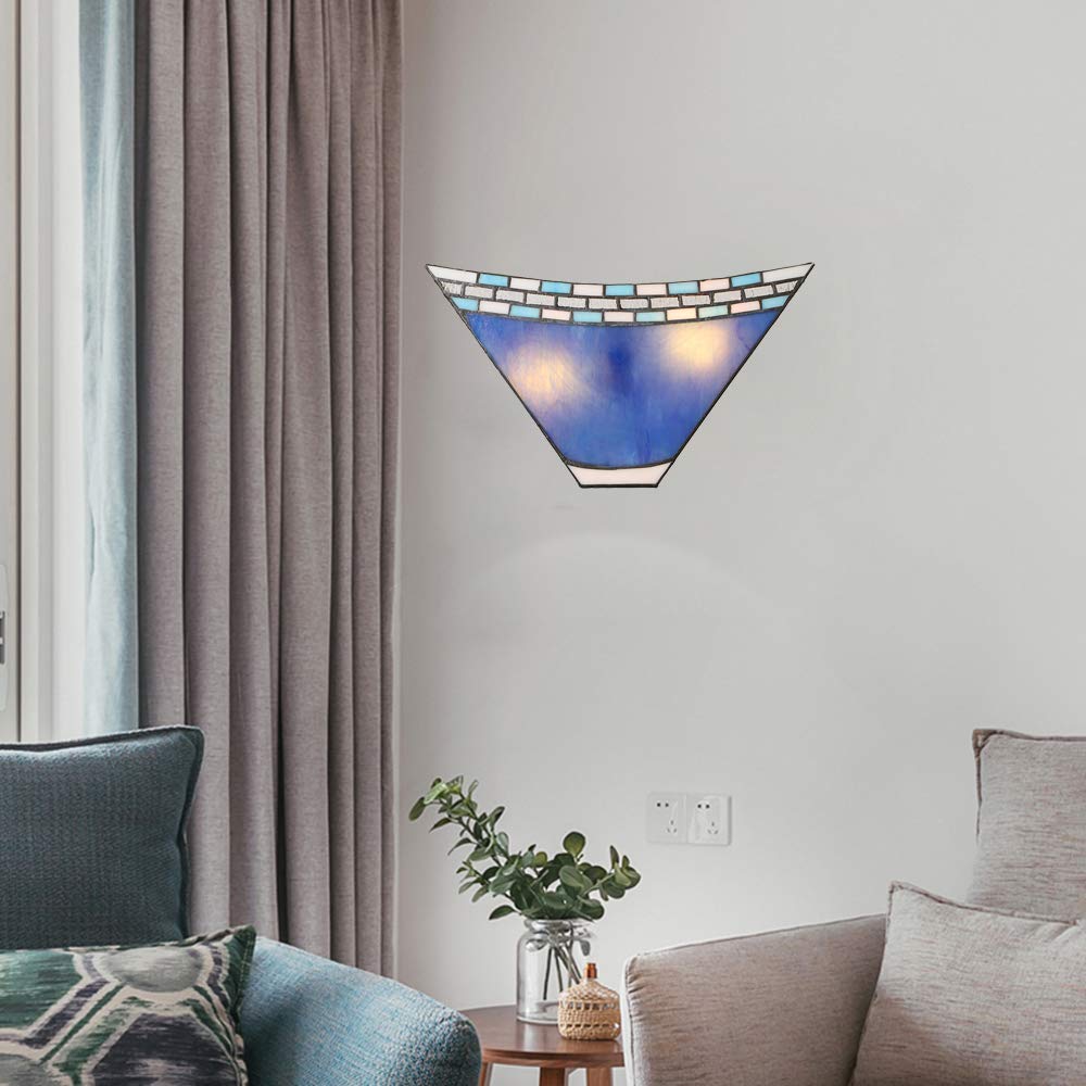 LITFAD 8 Inch Blue Geometric Stained Glass Tiffany Wall Sconce - Two-Light Hallway Fixture for Bedroom, Hotel & Restaurant Decor - Perfect for Ambient Lighting in Corridors, Entryways and Dining Areas