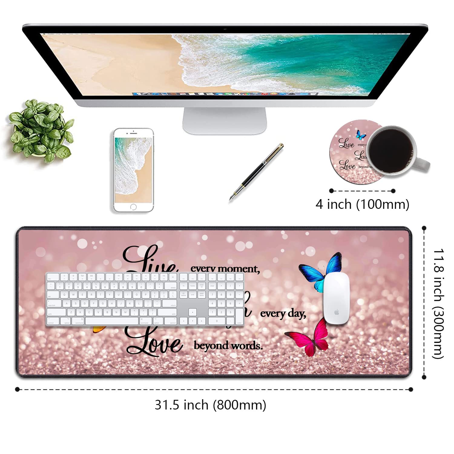 XXL Gaming Mouse Pad 31.5x11.8 Inches - Non-Slip Desk Mat with Stitched Edges & 4 Coasters for PC, Laptop, Office & Home Gaming Setup - Glitter Live Laugh Love Design - Perfect for Work, Gaming & Computer Use