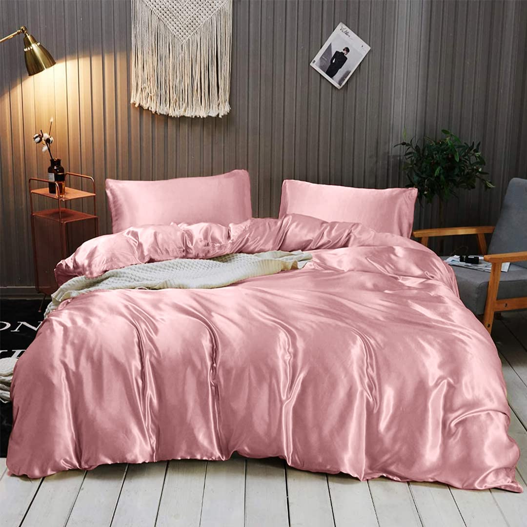 Luxury Twin XL Silk Satin Sheet Set - 7 Piece Bedding Set with Deep Pockets | Breathable Cooling Hotel Quality Sheets | Wrinkle Free Rose Pink Duvet Cover | Perfect for Master Bedroom, Guest Room & Luxury Hotels