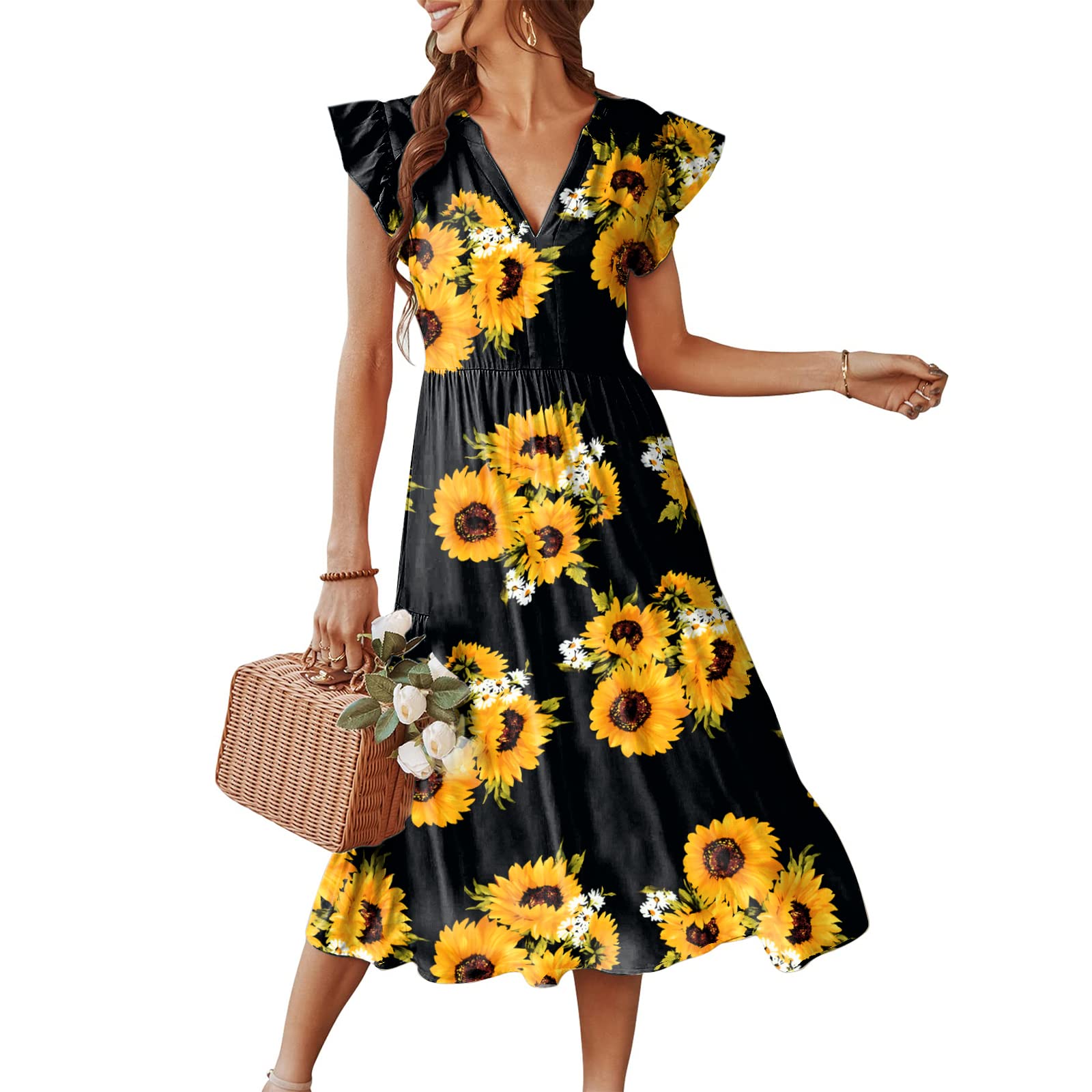 IFFEI Women's Summer Dress - Ruffle Sleeveless V-Neck Yellow Lemon Print Casual Long Midi Dress for Beach, Vacation & Outdoor Activities