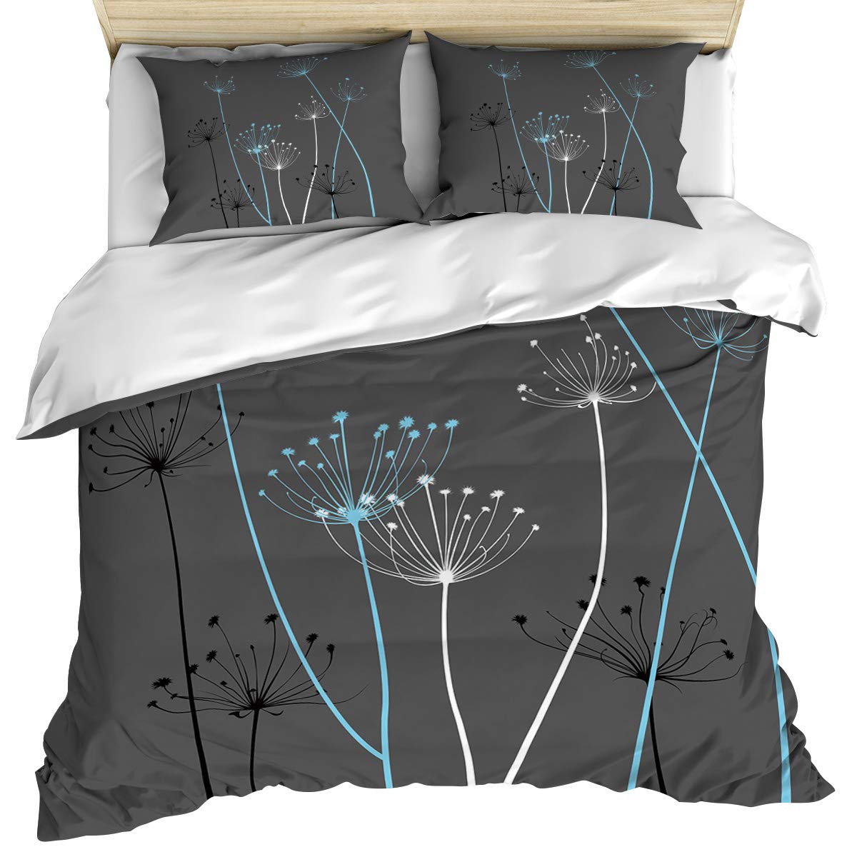 Crystal Emotion 3-Piece Bedding Set (Duvet Cover + 2 Pillow Shams) - Thistle Flower Dandelion Full Size Ultra Soft Breathable Microfiber Bedding in Gray Blue Black for All Seasons | Perfect for Master Bedroom, Guest Room & Dorm Decor