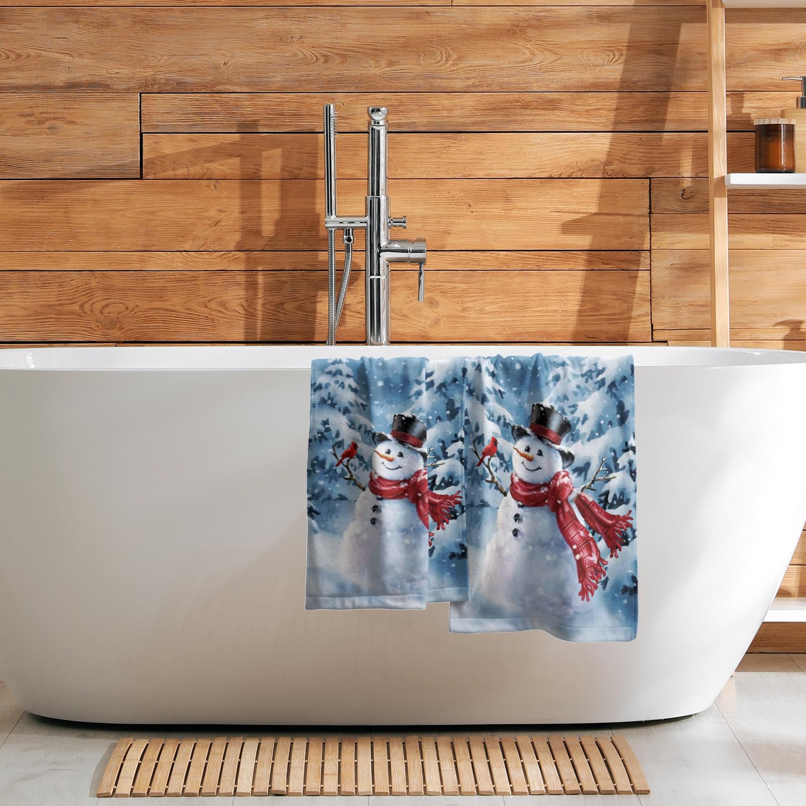 Blue Snowman Hand Towels Set of 2 - Soft Absorbent Winter Snow Bathroom & Kitchen Towels - Decorative Fingertip Towels for Guest, Gym, Spa - Perfect for Holiday Decor & Winter Home Accents