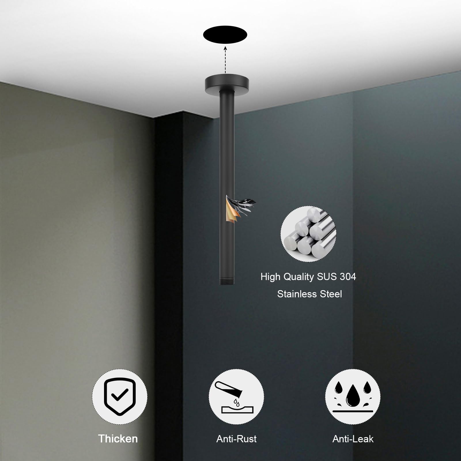 HarJue 10 Inch Matte Black Stainless Steel Ceiling Mount Shower Arm - Rain Shower Extension with Flange & Teflon Tape - Durable Fixed Shower Head Extender for Bathroom & Spa Renovation