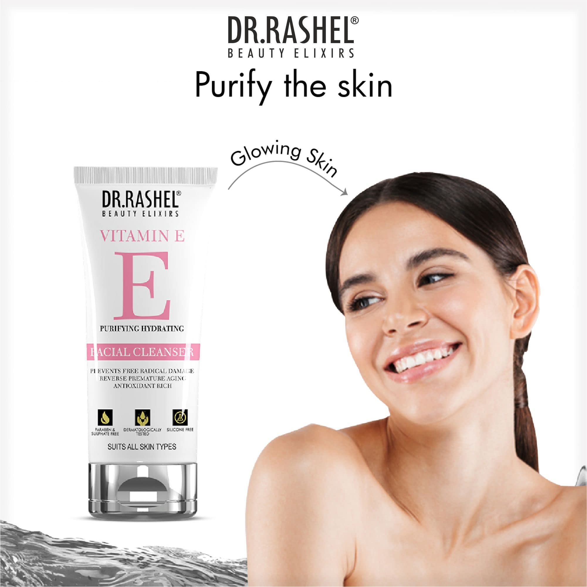 DR. RASHEL Vitamin E Facial Cleanser - Purifying & Hydrating Face Wash for Glowing Skin | Sulfate & Paraben Free | Gentle Daily Cleanser for Dry, Oily & Sensitive Skin | Perfect for Morning & Night Skincare Routine