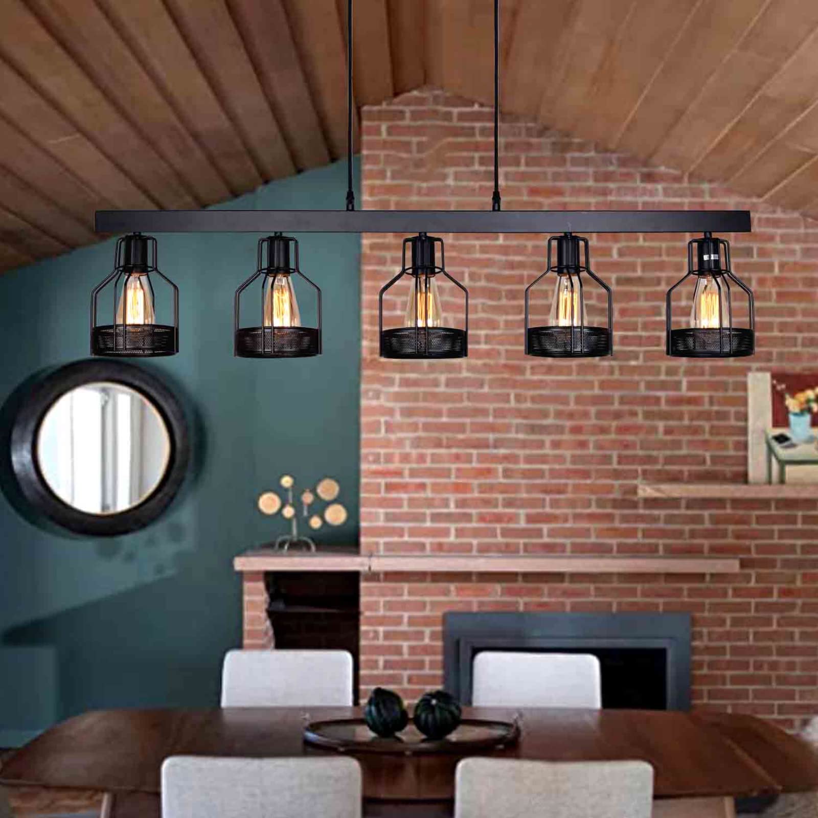 Farmhouse Pendant Lights for Kitchen Island - Rustic Dining Room Ceiling Light Fixture with 5 E26 Bulb Sockets - Black Metal Long Pool Table Lighting - Perfect for Farmhouse, Industrial & Vintage Home Decor