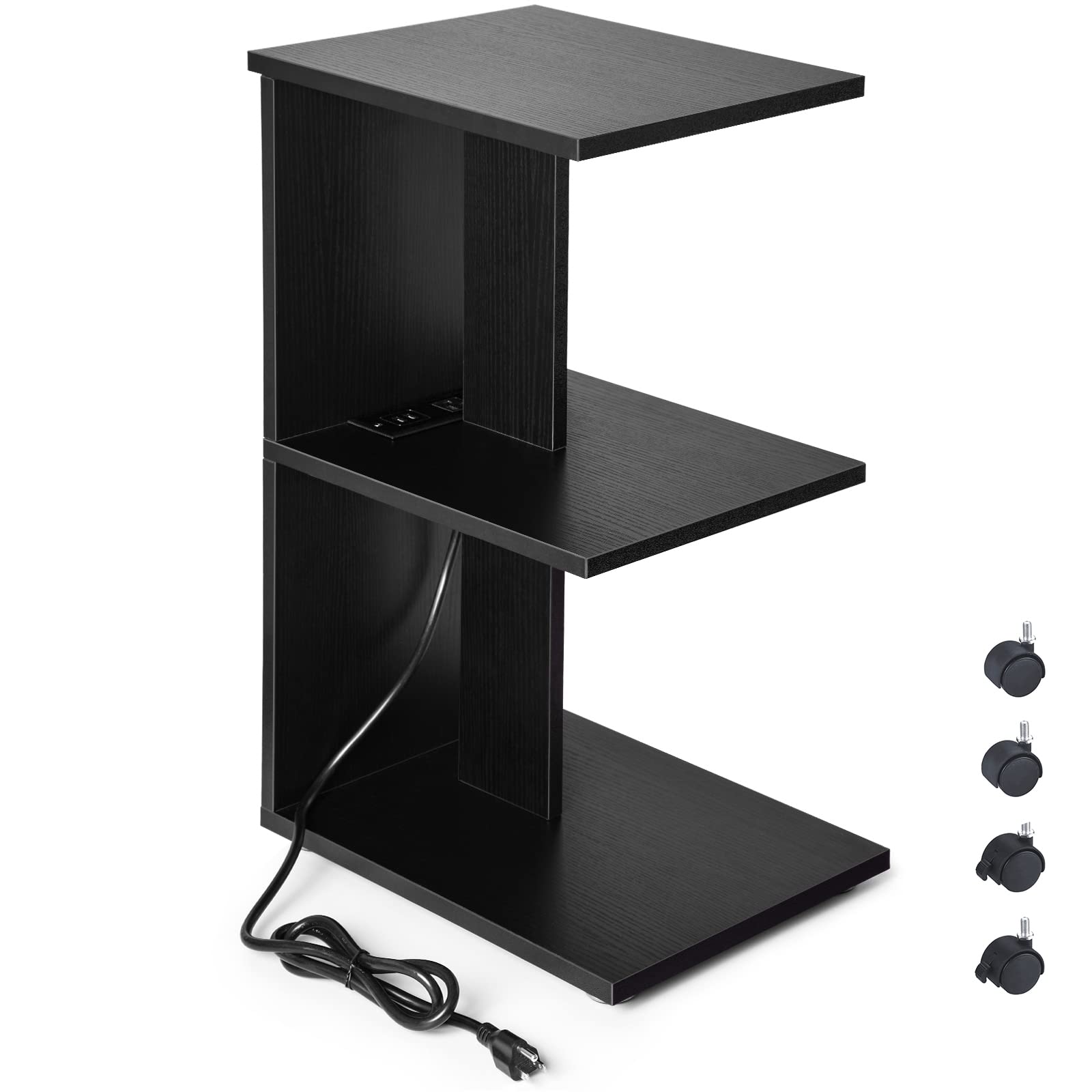 ZGREN Narrow End Table with USB Charging Station & Outlets - Slim Rolling Nightstand for Small Spaces, Bedroom, Living Room - Black | Perfect for Bedside, Sofa, Couch & Compact Spaces