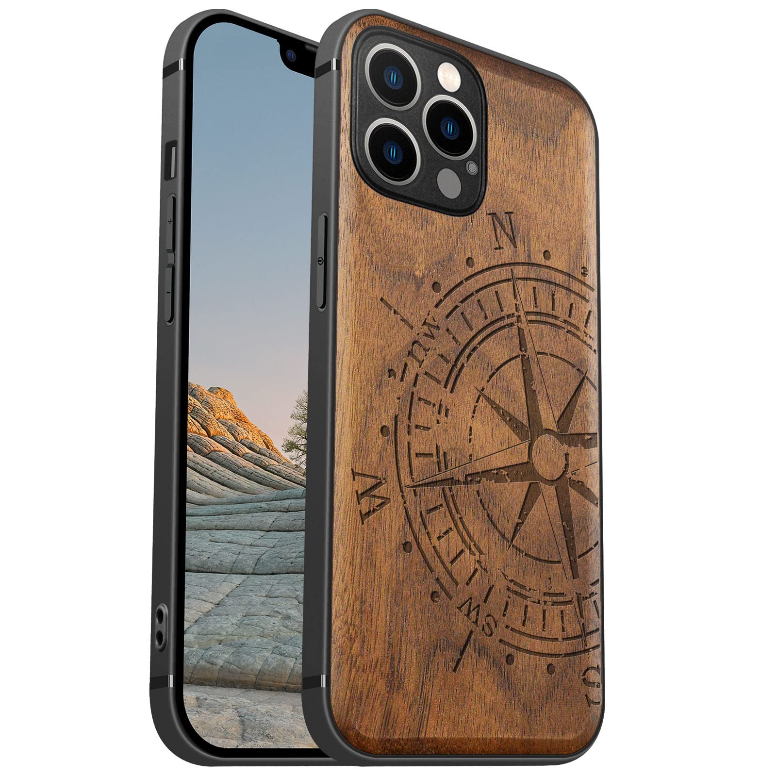 Carveit Magnetic Wood Case for iPhone 12 Pro - Natural Walnut Wood & Black TPU Shockproof Cover - MagSafe Compatible Protective Phone Case - Vintage Compass Design - Perfect for Outdoor Adventures & Business Meetings