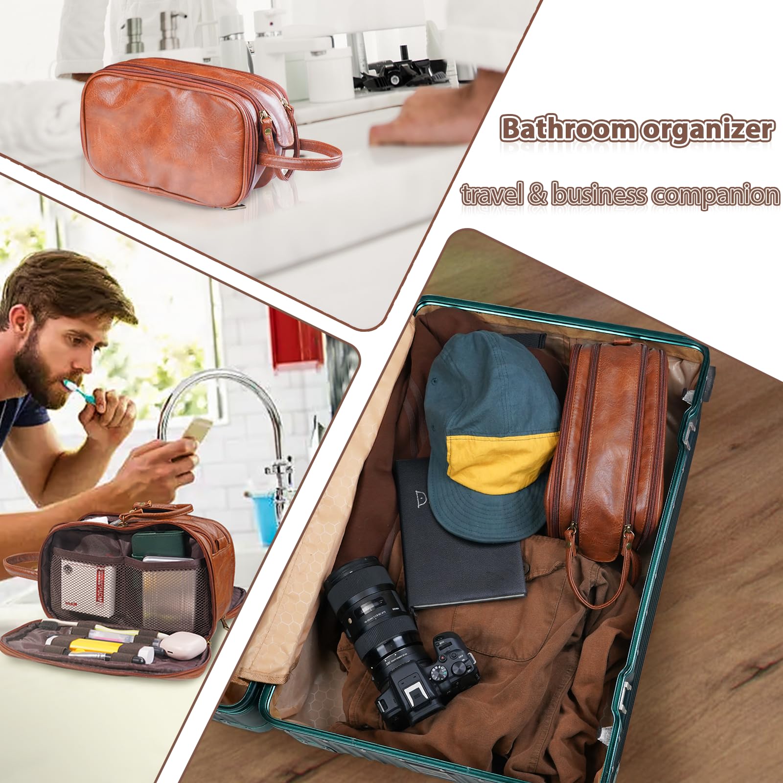 Premium Leather Toiletry Bag for Men & Women - Travel Size Dopp Kit with Multiple Pockets - Ideal for Gym, Business Trips & Vacation Essentials Organization