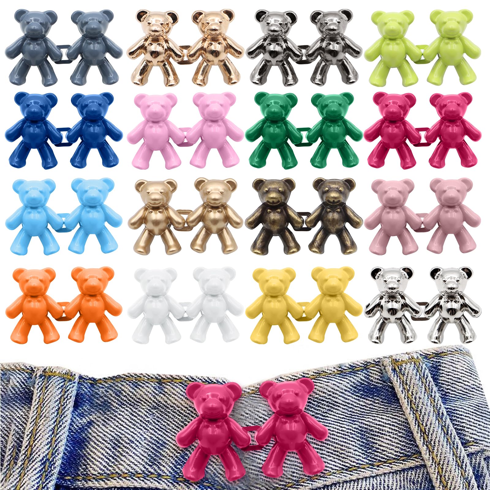 ZYNERY 16 Pairs No Sew Bear Pants Button Tightener & Waist Adjuster Clips - Jean Button Pins for Women's Skirts, Dresses & Loose Pants (16 Colors) - Perfect for Tailoring, DIY Fashion & Clothing Adjustments