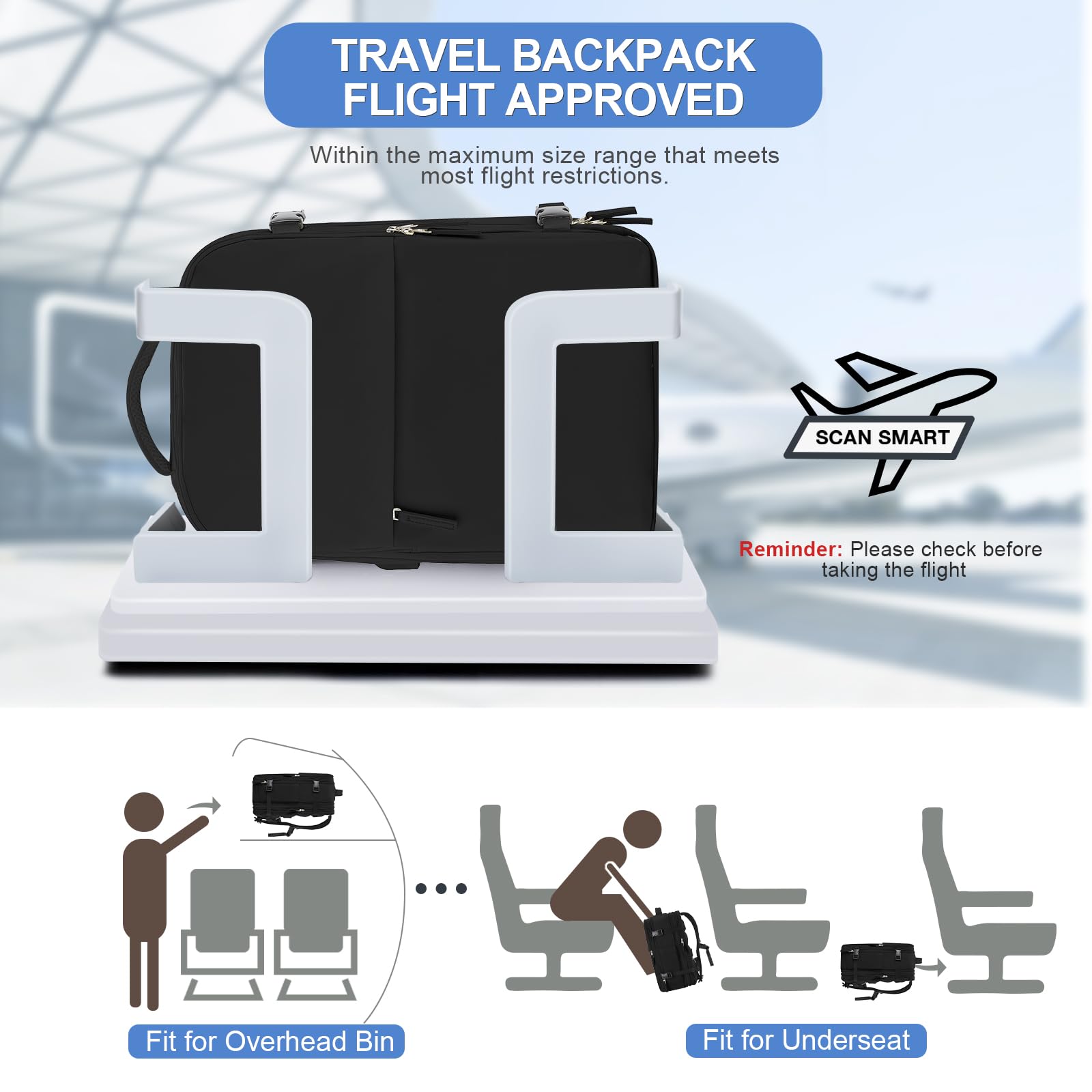 Expandable Travel Backpack for Women & Men - Airline Approved Carry-On Backpack, Waterproof Flight Approved Personal Item Bag for Airplane Travel, Gym & Outdoor Adventures - Black