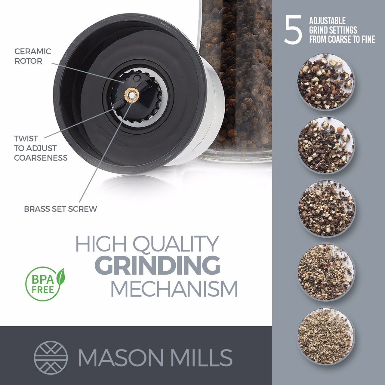 Premium Stainless Steel Salt and Pepper Grinder Set with Pink Himalayan Salt - Large Capacity Glass & Steel Mill - Top Loading Design by Mason Mills - Perfect for Kitchen, Dining Table & Gourmet Cooking