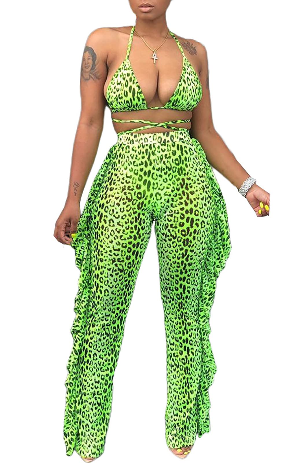 Sexy Women's Bikini Set - Ruffle Beach Jumpsuit with See-Through Mesh & Tie-Dye Design | Perfect for Pool Party, Summer Vacation & Beach Getaway