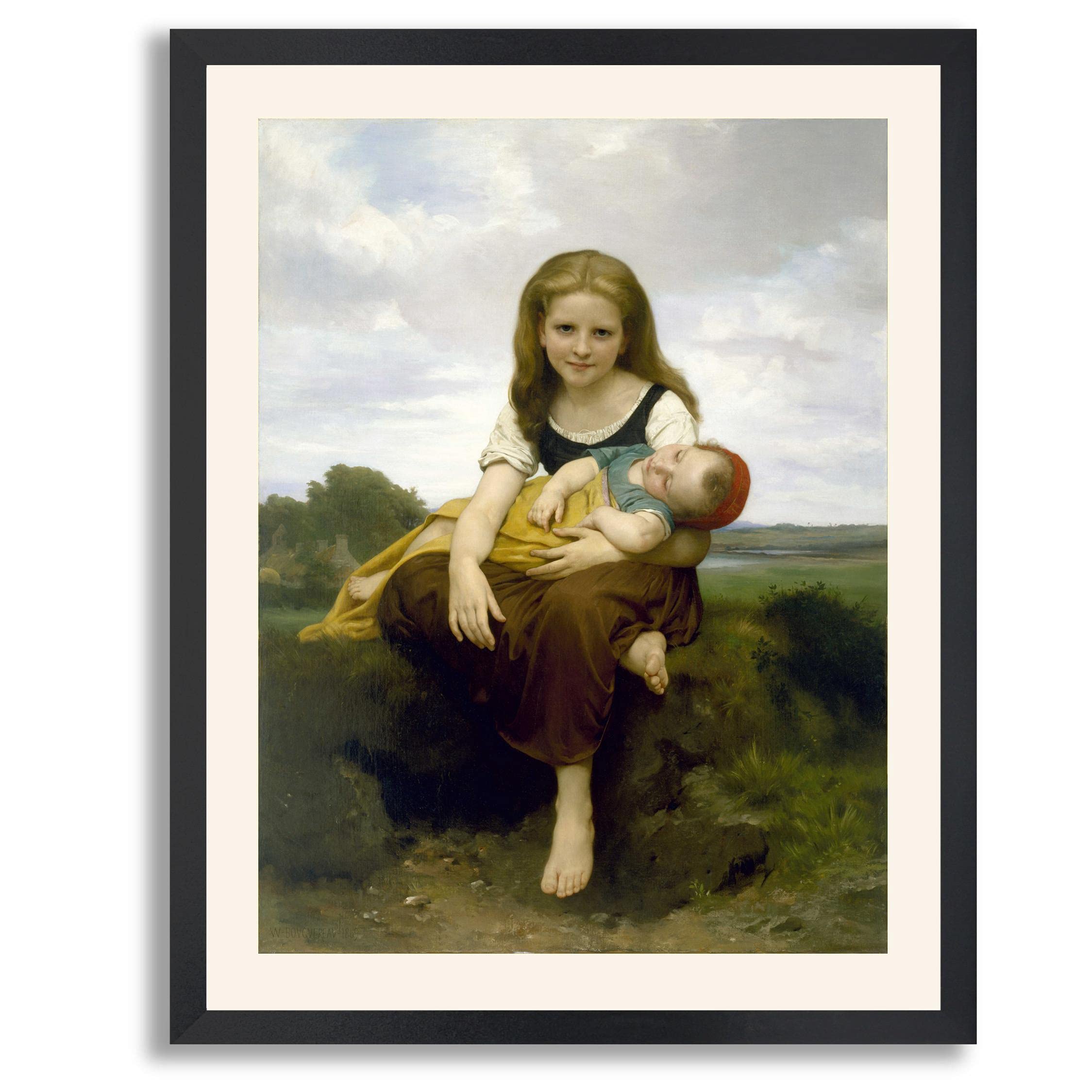 William Bouguereau The Elder Sister 1869 Framed Art Print - Premium Canvas Painting Reproduction in Wood Frame - Vintage Wall Decor for Living Room, Bedroom & Office