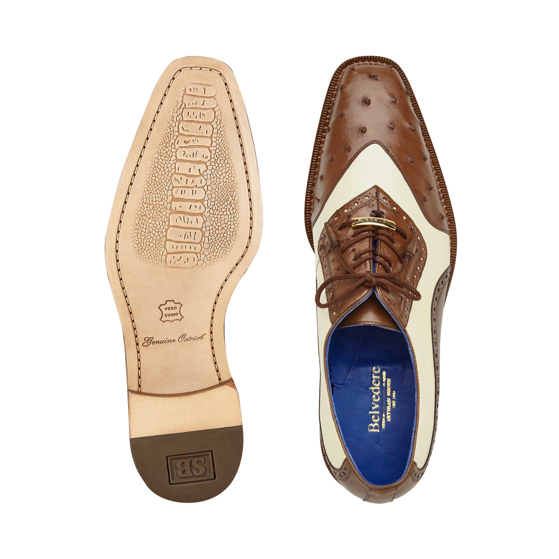 Belvedere Sesto Genuine Ostrich Quill & Italian Leather Wingtip Dress Shoes for Men - Brown/Cream Size R54 - Premium Business Formal & Wedding Oxford Shoes