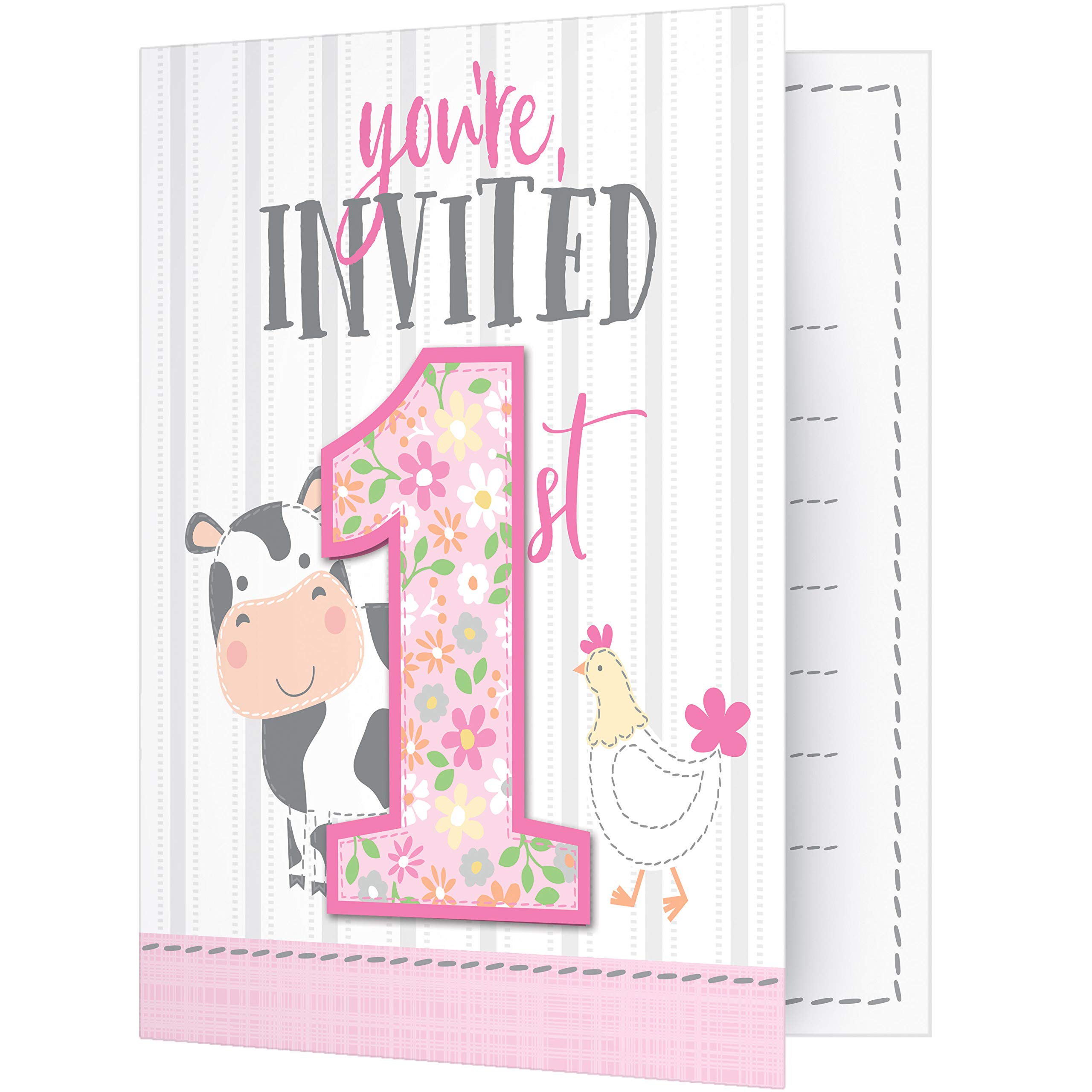 Creative Converting 340137 Barn Animals 1st Birthday Pink Invitation Card Foldover - Perfect for Baby's First Birthday Party, Baby Shower, Farm Theme Celebration (12 Pack)