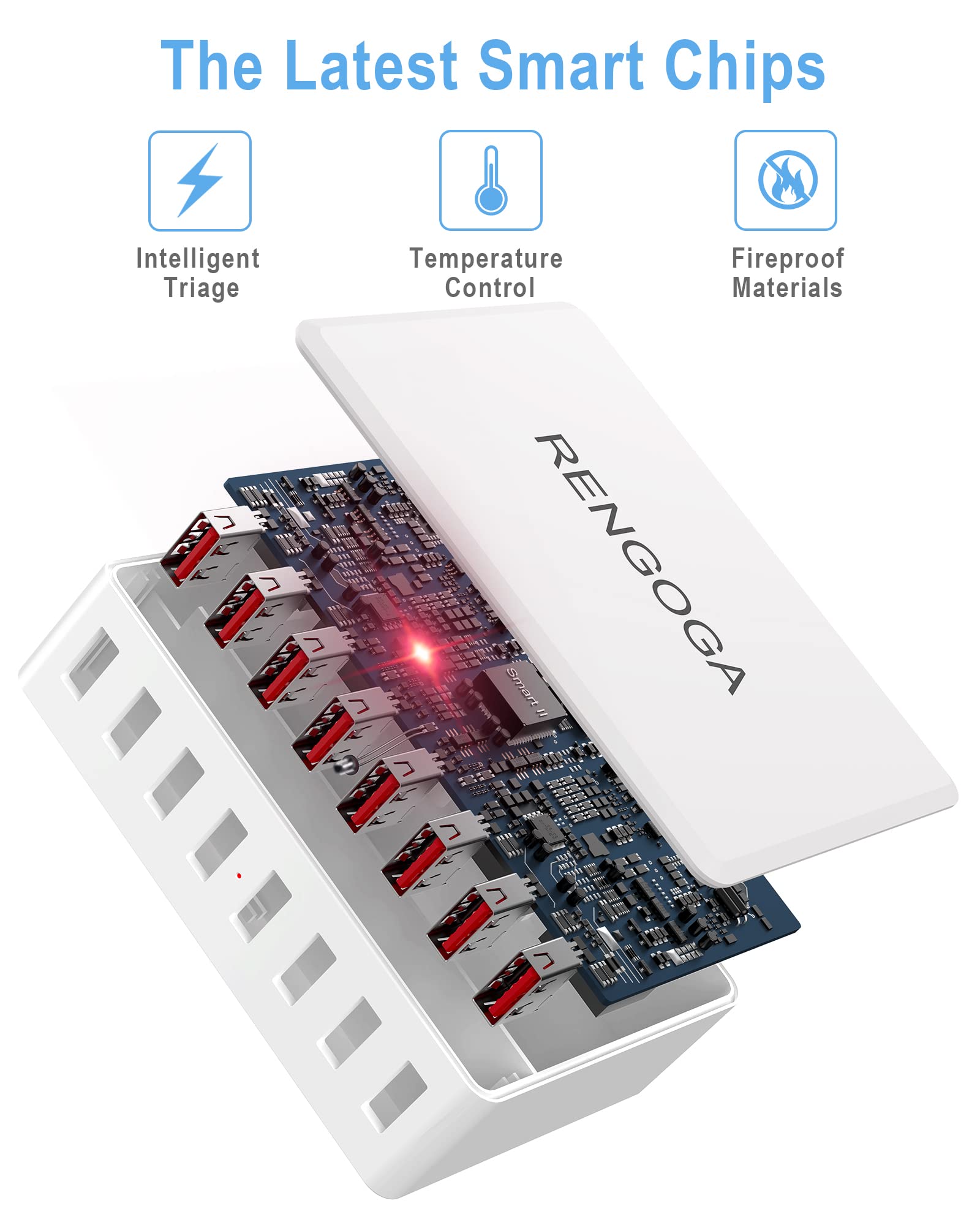 50W 8-Port USB Charging Station for iPhone 15/14/13 Pro Max, iPad Air, Samsung Galaxy S21/S20 & Tablets - Fast Multi-Device Charger Hub with Smart IC Technology - Perfect for Home, Office & Travel (White)