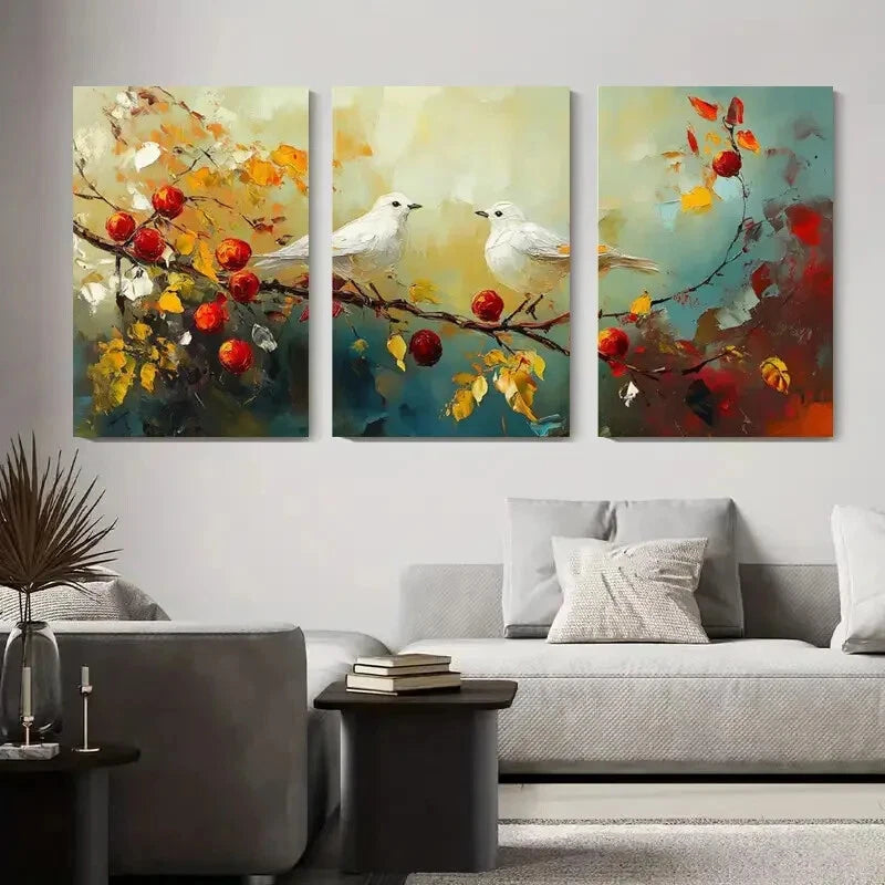 3-Piece Abstract Bird and Apple Blossom Metal Wall Art - Ready to Hang Modern Home Decor for Living Room, Bedroom, Office & Gifts