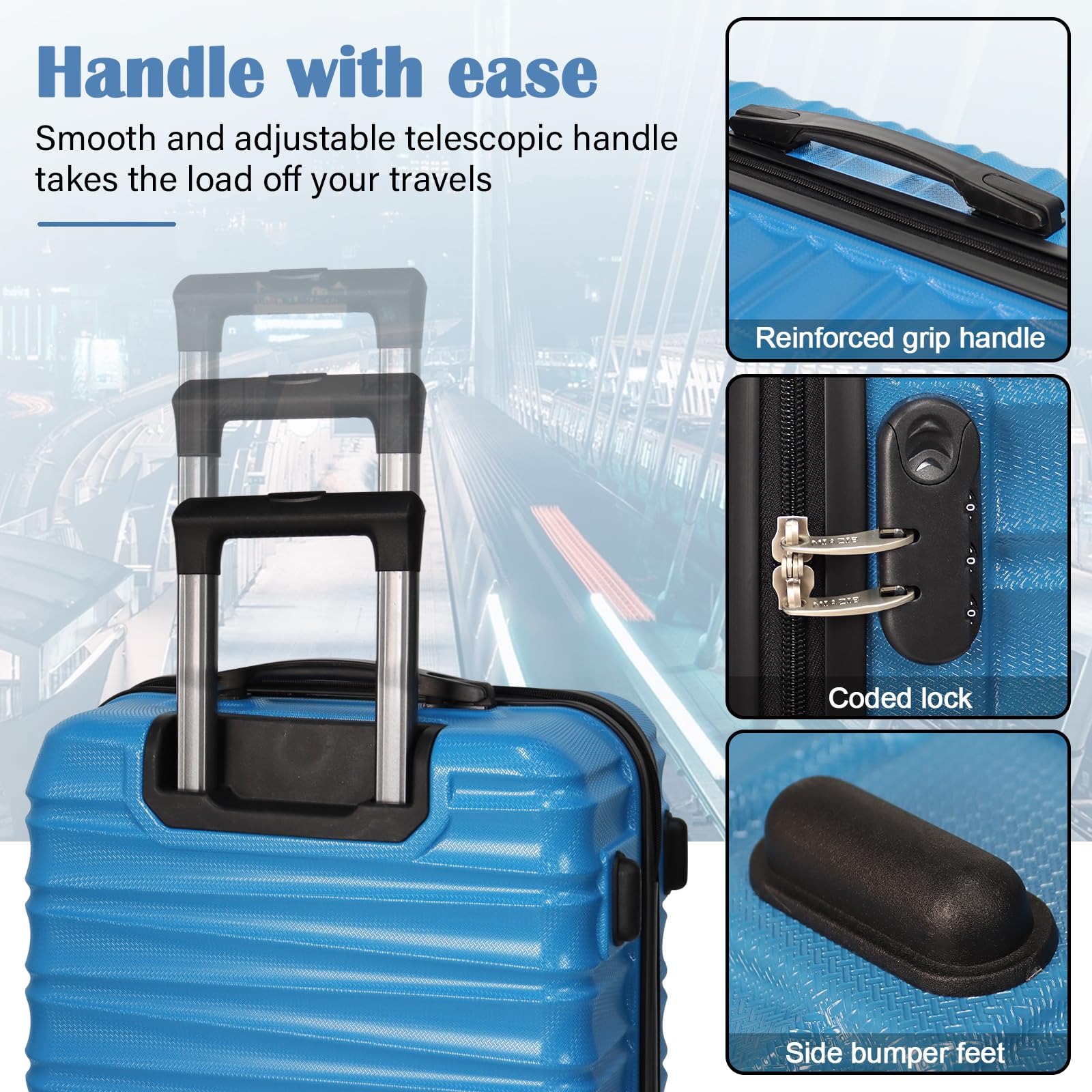 3-Piece Hard Shell Spinner Luggage Set with Wheels - Durable Blue Suitcases for Travel & Family Vacations - Ideal for Air Travel, Road Trips & Business Trips