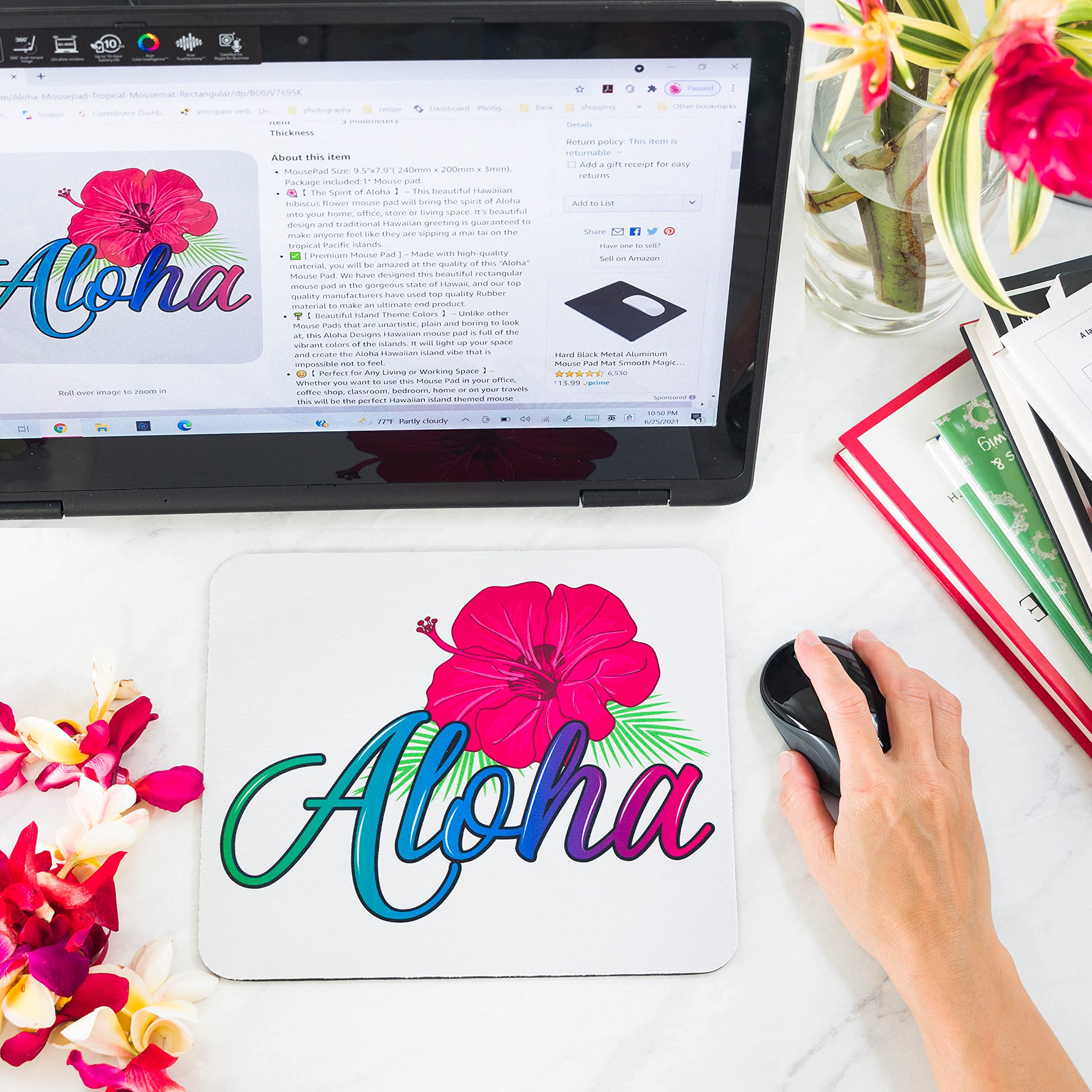 Aloha Tropical Flower Print Mouse Pad - Non-Slip Office Desk Mat with Hibiscus Design for Computer & Laptop - Perfect for Home, Office, Gaming & Hawaii-Themed Decor