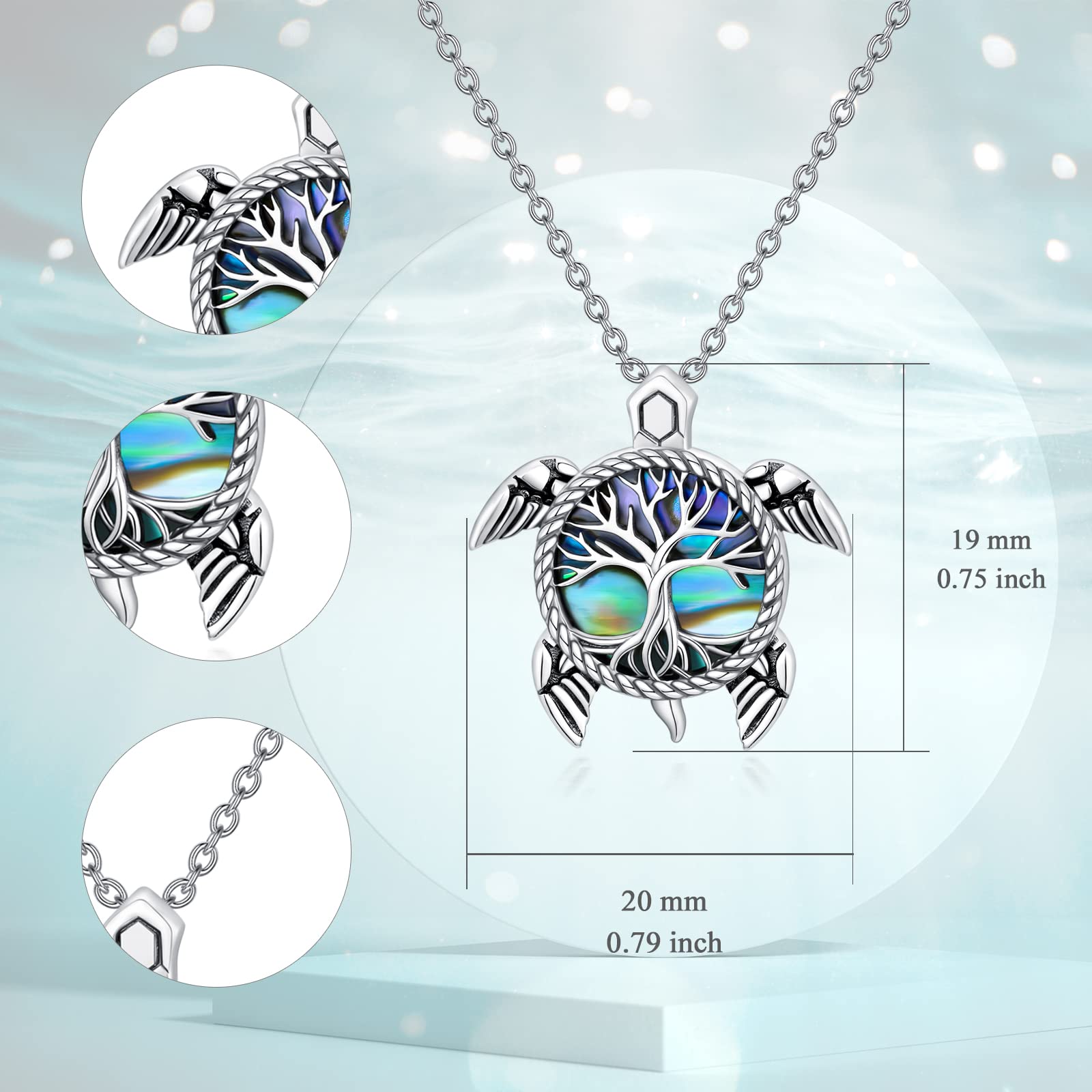 Sterling Silver Sea Turtle Necklace with Tree of Life & Compass Pendant - Ocean Themed Jewelry Gift for Women, Mom, Beach Lovers - Perfect for Mother's Day, Holidays, Beach Vacations & Ocean Conservation Supporters