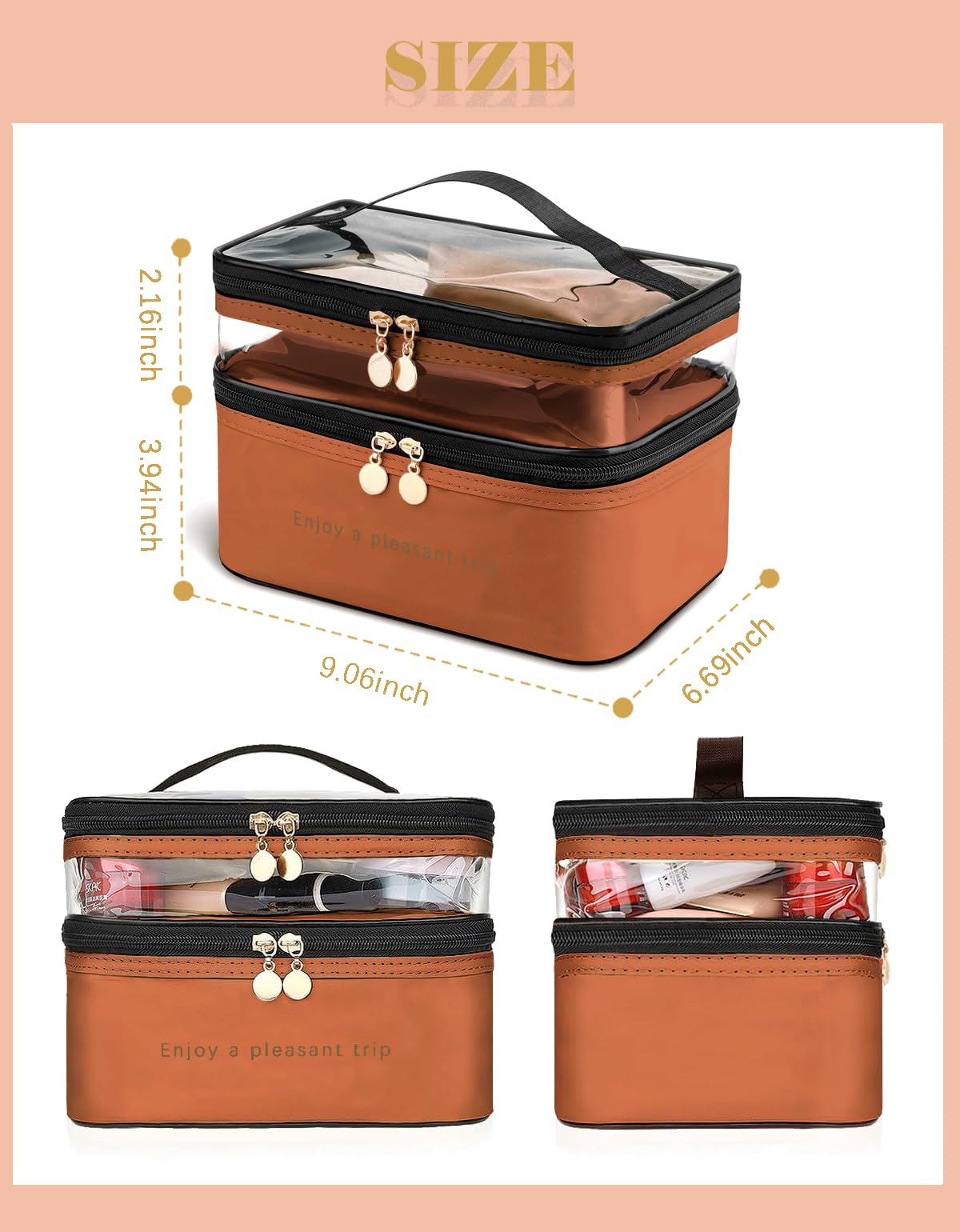 Double Layer Clear Waterproof Makeup Bag with Handle - Travel Cosmetic Organizer for Women, Girls Toiletry Case for Bottles, Brushes & Skincare Products (Brown) - Perfect for Travel, Gym & Daily Essentials Storage