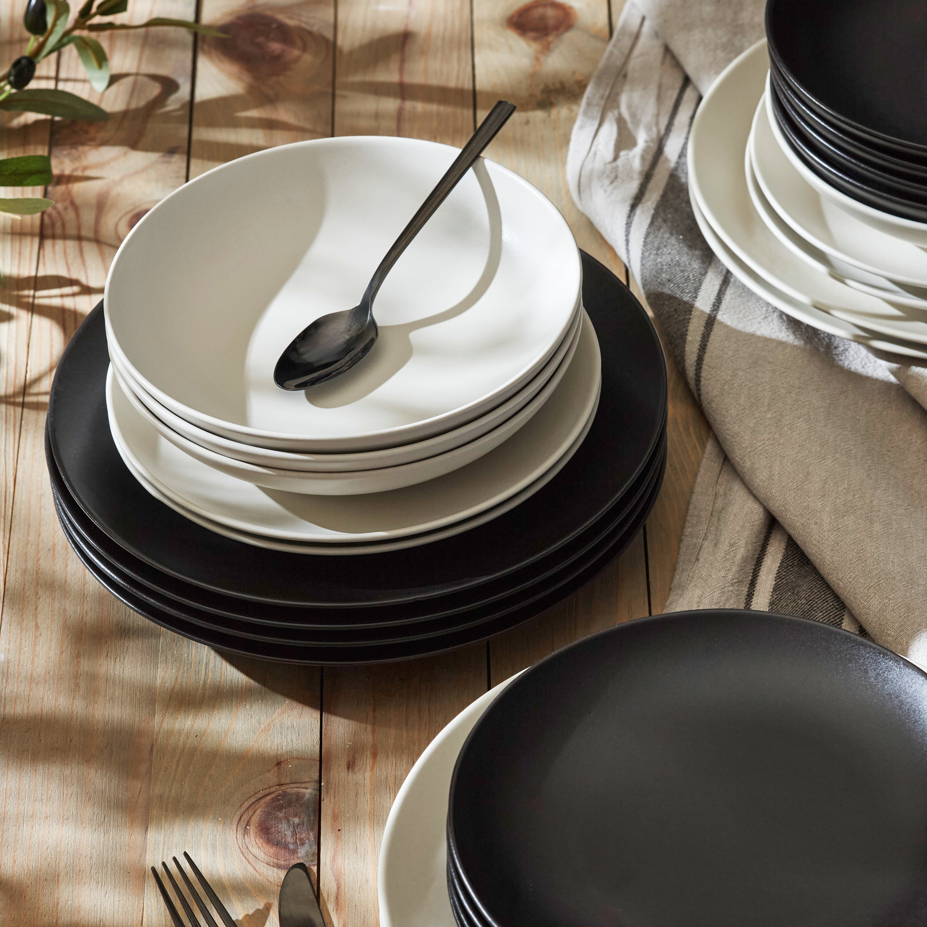 Premium Black Matte Stoneware Dinnerware Set - Handcrafted in Portugal - Elegant 16-Piece Set for Everyday Dining & Entertaining