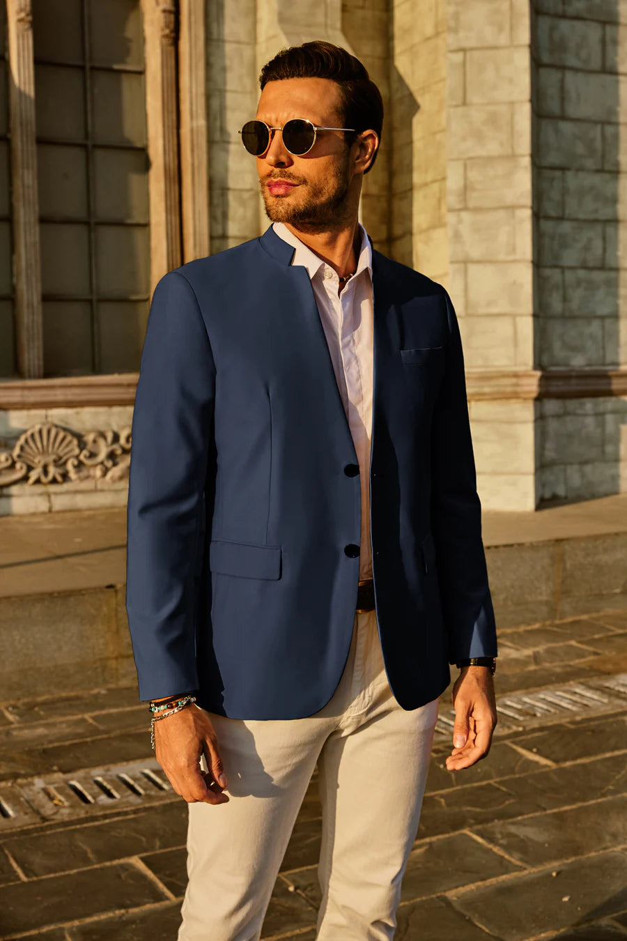 Men's Casual Suit Two-Button Blazer Jacket with Mandarin Collar - Slim Fit Sport Coat for Business, Office, and Formal Occasions