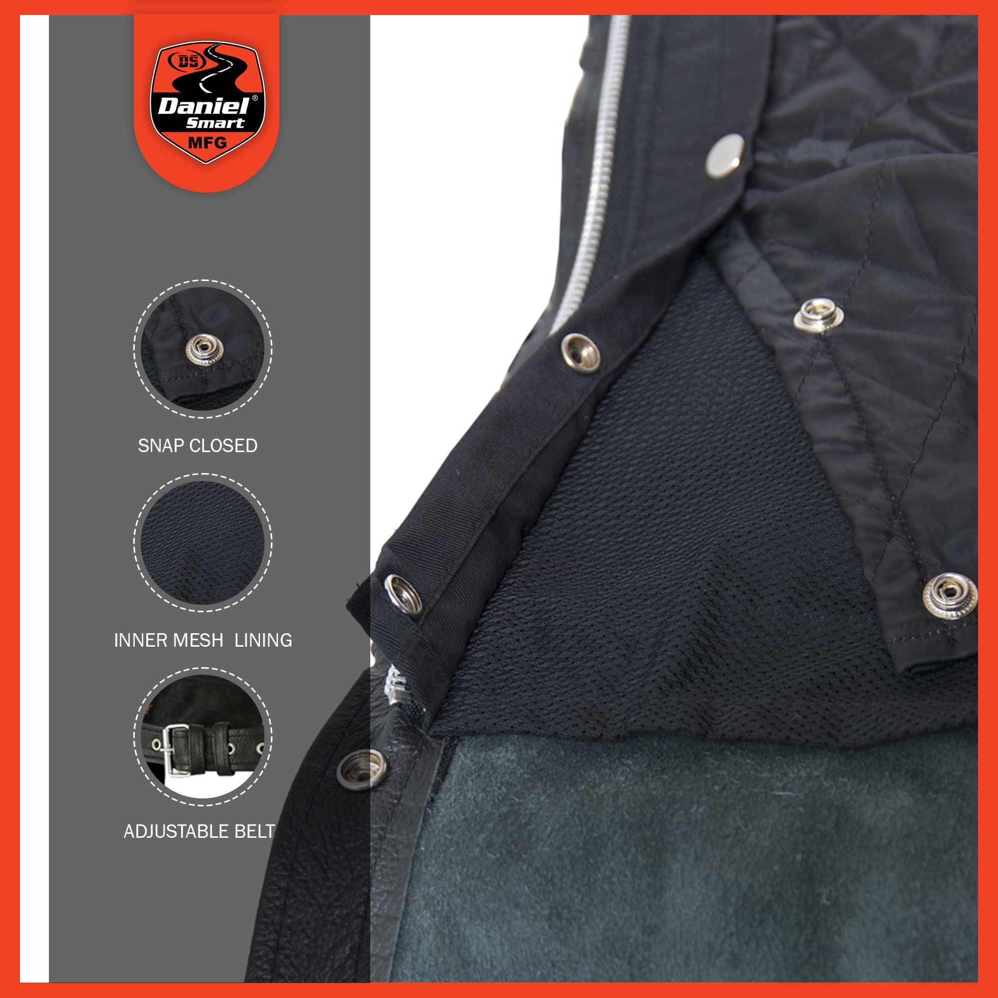 Daniel Smart Unisex Motorcycle Leather Chaps - All Season Biker Pants with Mesh Lining, Adjustable Fit for Men & Women | Perfect for Harley, Cruiser & Road Trips