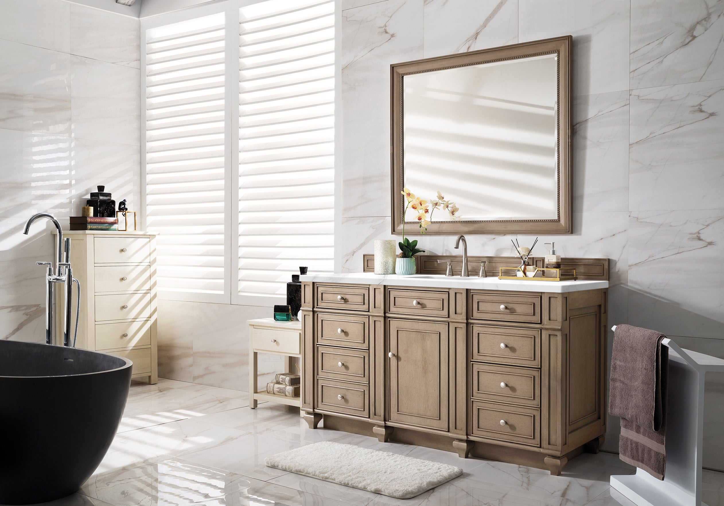 Bristol 60 Inch Single Bathroom Vanity with Whitewashed Walnut Finish and 3CM Arctic Fall Solid Surface Top - Perfect for Modern Home, Master Bathroom & Powder Room Renovations