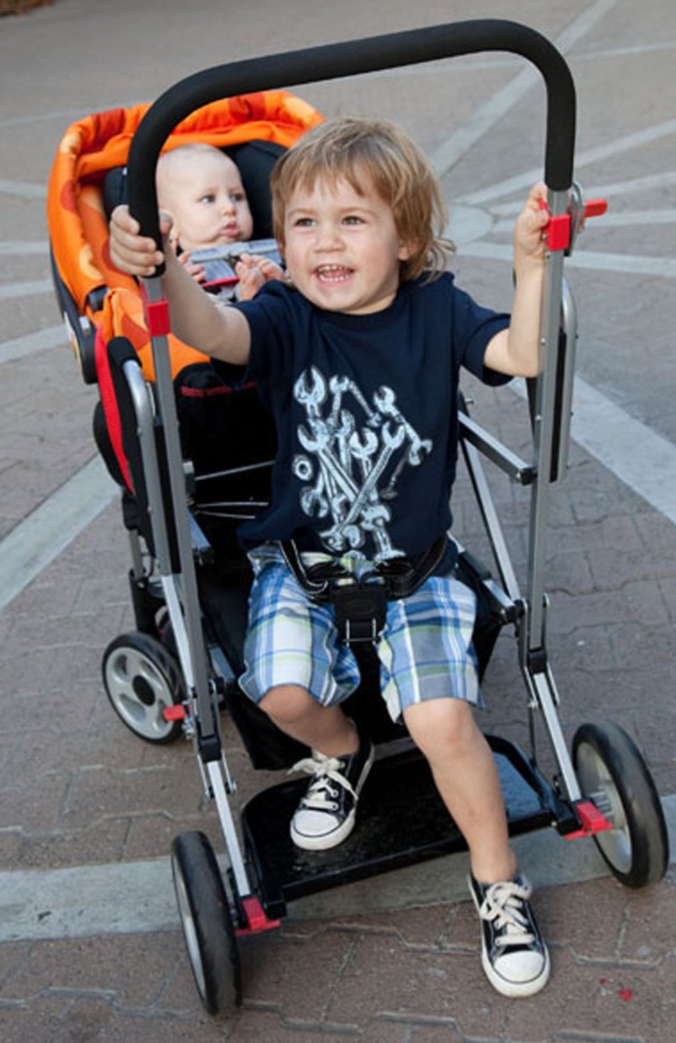 Joovy Caboose Sit and Stand Double Stroller - 3-Way Reclining Seats with Rear Bench & Standing Platform | Universal Car Seat Adapter | Amber | Perfect for Twins, Siblings & Urban Outings