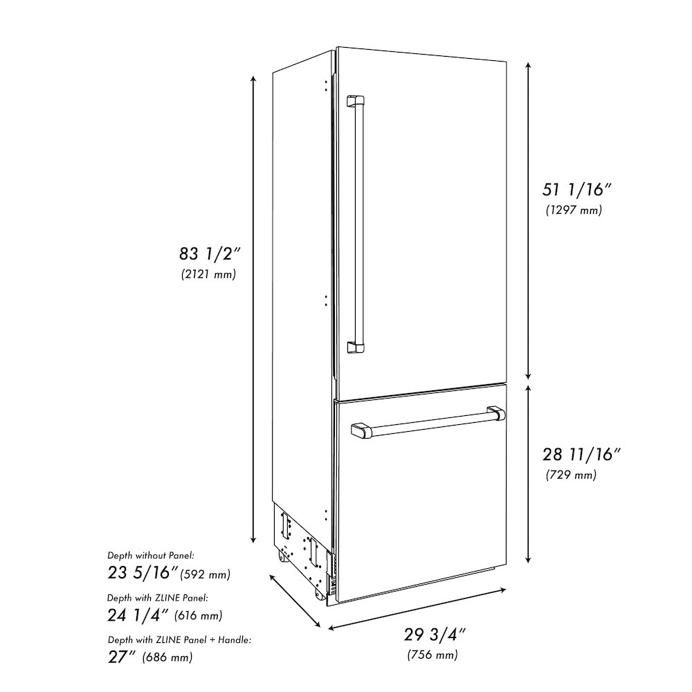 ZLINE GRBIVZ SN 30 CB 30-Inch Built-In Bottom Freezer Refrigerator - 16.1 cu.ft Capacity, Satin Stainless Steel Exterior with Graphite Gray Interior & Champagne Bronze Accents - Water Dispenser & Ice Maker - Perfect for Modern Kitchens & Open-Concept Homes