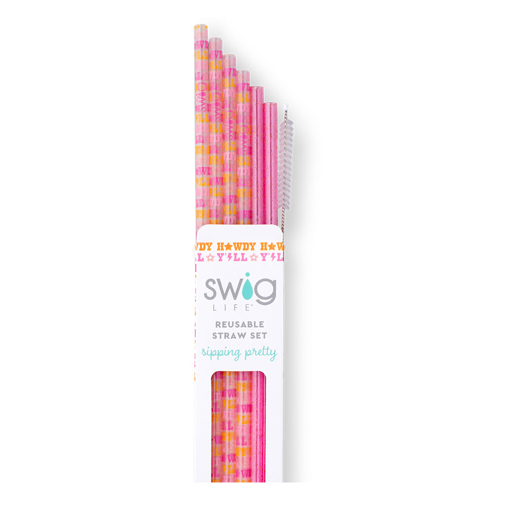 Eco-Friendly Pink Glitter Reusable Straw Set - 4 Pack Stainless Steel Drinking Straws with Cleaning Brush | Perfect for Parties, Home, Office & Travel