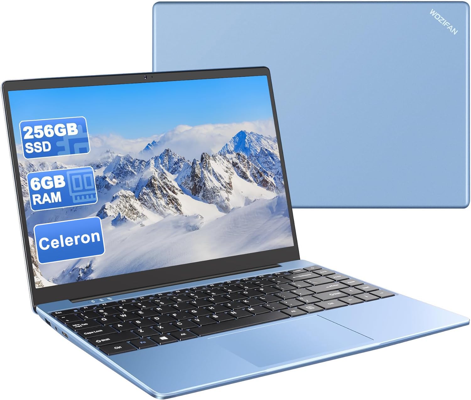 WOZIFAN 14 Inch Laptop with Windows 11, Metal Body, 256GB SSD (Expandable to 1TB), Lightweight Notebook with Dual WiFi 2.4G+5G, FHD Display, Bluetooth, USB, HDMI - Includes Wireless Mouse & German Silicone Keyboard Cover (Blue) - Perfect for Work, Study, and Travel