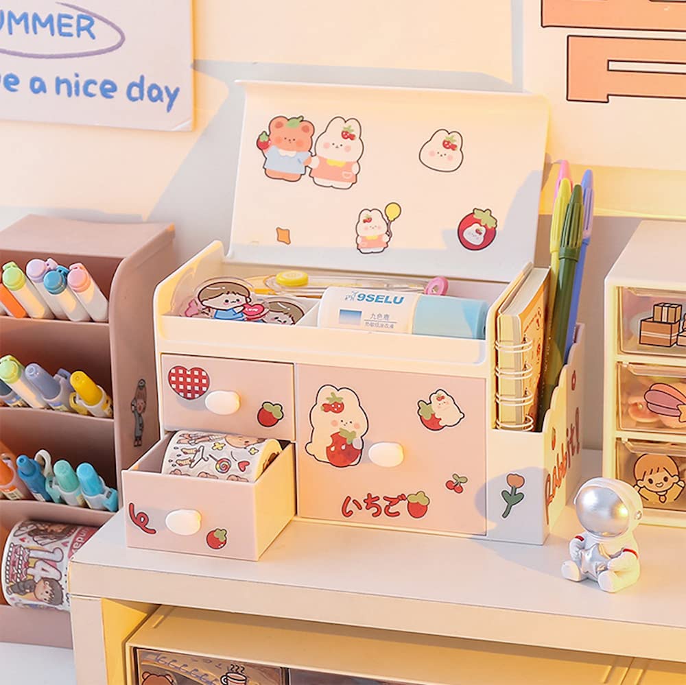 Kawaii Pink Desk Organizer with Drawers for Girls - Multi-Functional Study Storage Box for Stationery, Pens & Accessories - Perfect for Kids Bedroom, Dorm Room & Office Workspace Organization