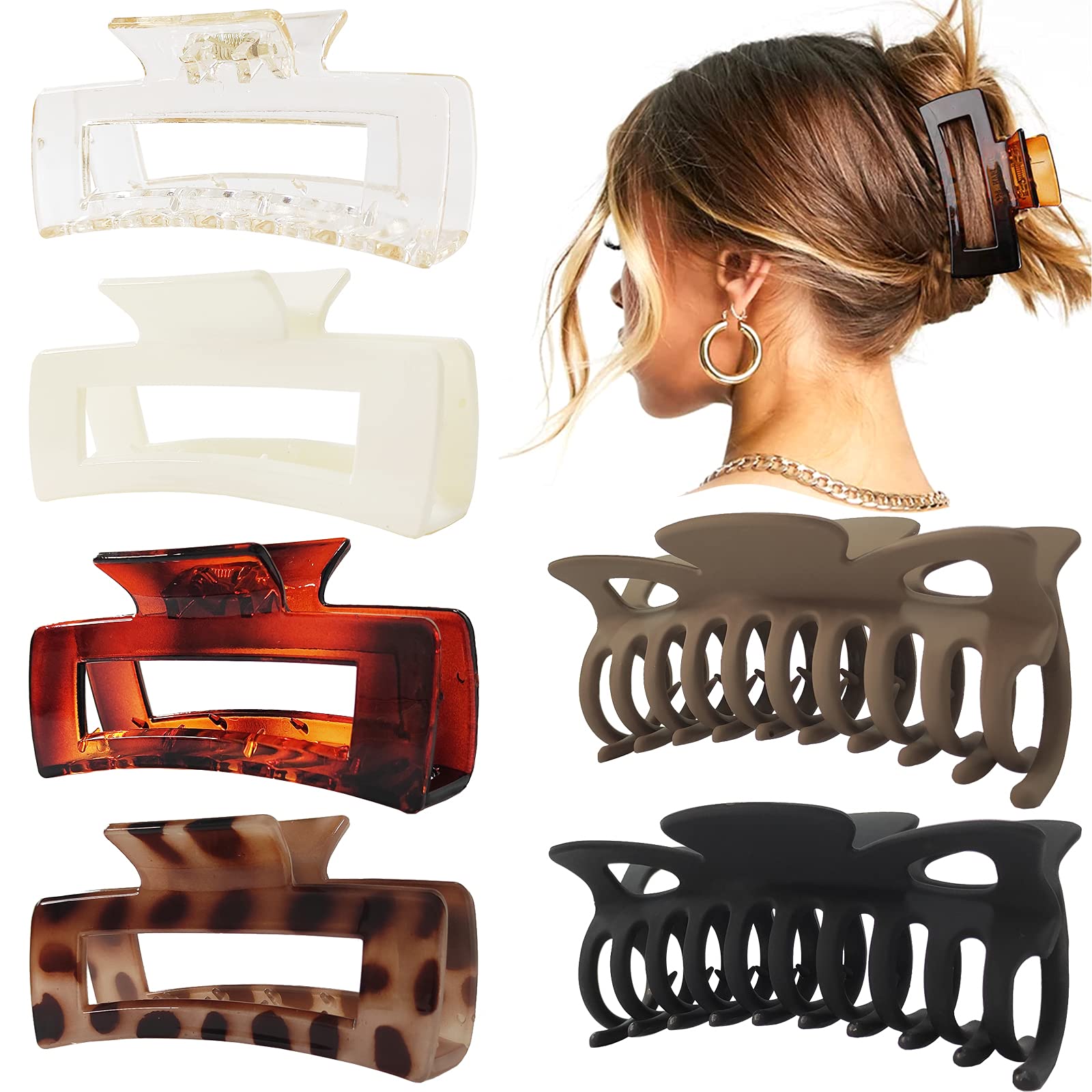 6 Pack Hair Claw Clips Set - 2 Extra Large Hair Clips for Thick Hair & 4 Strong Hold Big Square Claw Clips for Women & Girls (Coffee) - Perfect for Updos, Ponytails & Everyday Hairstyles