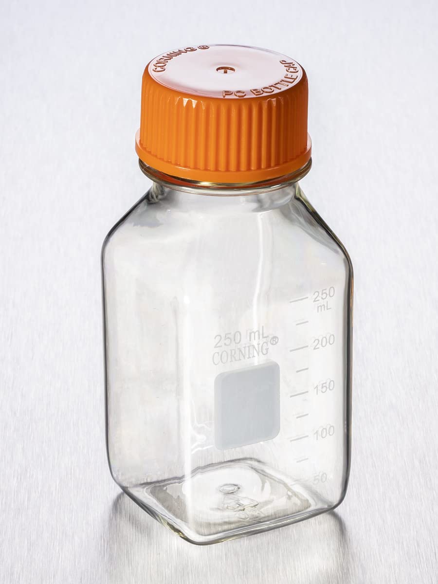 Corning 431431 Polycarbonate Square Media Storage Bottles with 45mm Screw Caps, 250ml (24-Pack) - Ideal for Lab, Chemical Storage & Sample Preservation