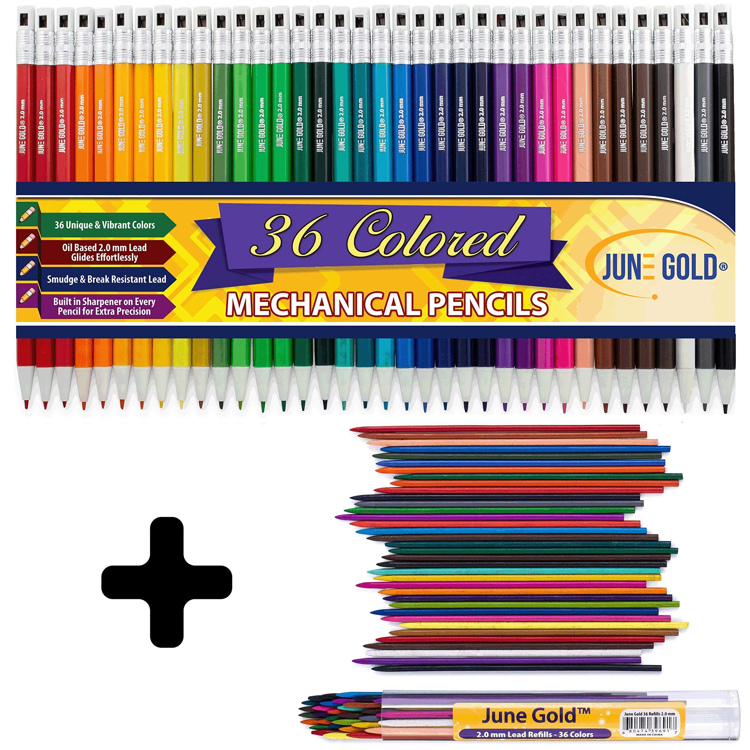 June Gold 36 Assorted Colored 2.0 mm Mechanical Pencils Set - 36 Unique Colors with Refills for Artists, Students & Professionals - Perfect for Sketching, Drawing & Note-Taking