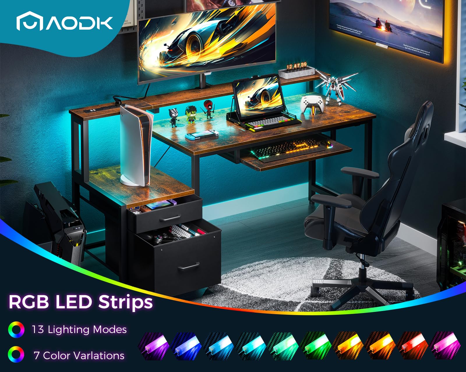 AODK 55 Inch Modern Computer Desk with Fabric File Cabinet & Drawers - Reversible Office Desk with Built-in Power Outlet & LED Lighting - Study Desk with Printer Stand, Keyboard Tray & Monitor Riser - Vintage Style Home Office Furniture for Small Spaces & Gaming Setups