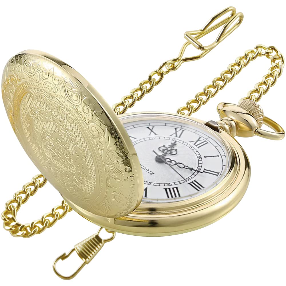 Gold Roman Numeral Pocket Watch with Chain for Men - Vintage Gift & Wedding Accessory
