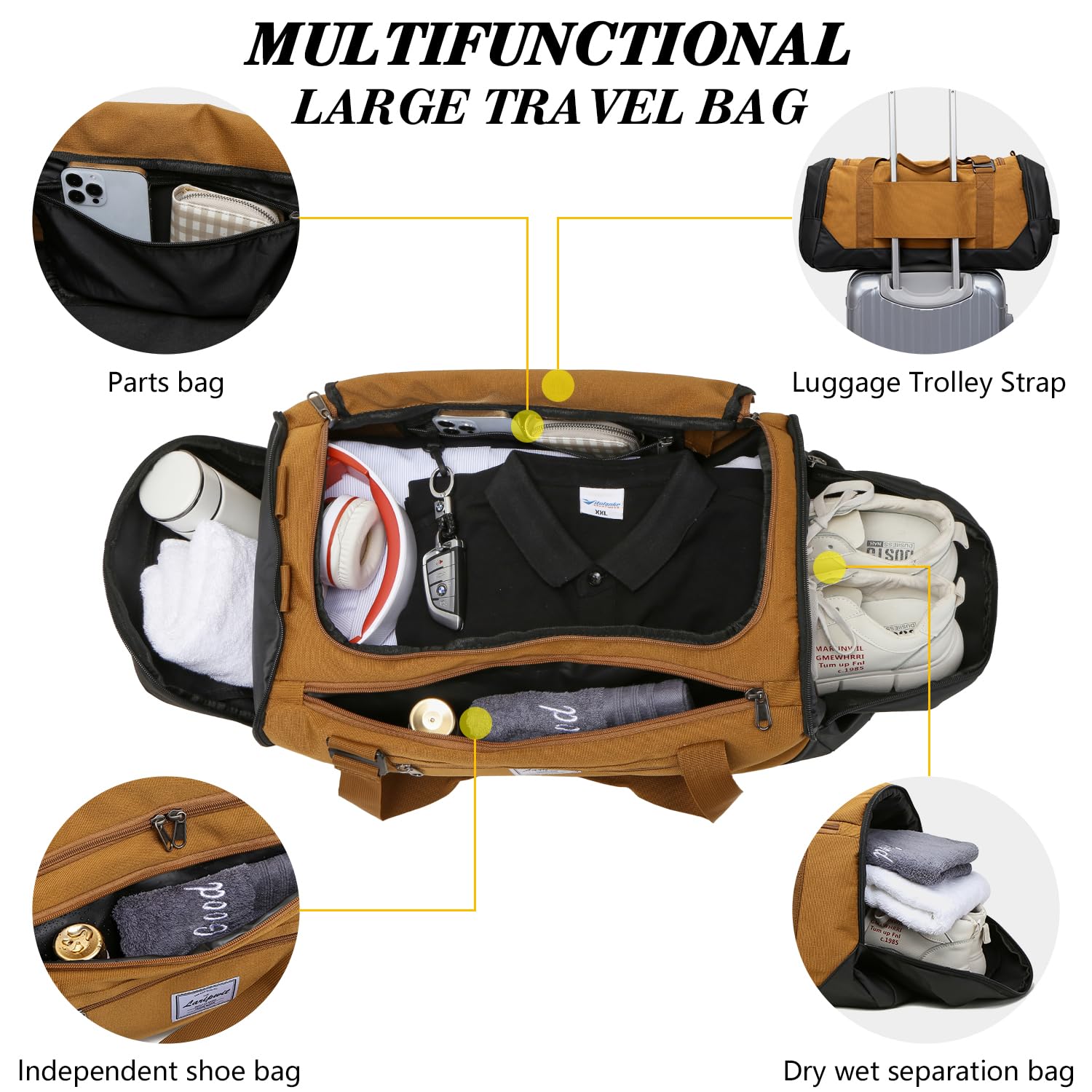 Laripwit 40L Gym Backpack for Men & Women - Sports Duffle Bag with Shoe Compartment & Wet Pocket - Ideal for Basketball, Travel, Weekender & Overnight Trips - Perfect for Gym, Workout, Sports & Travel Essentials (Brown)