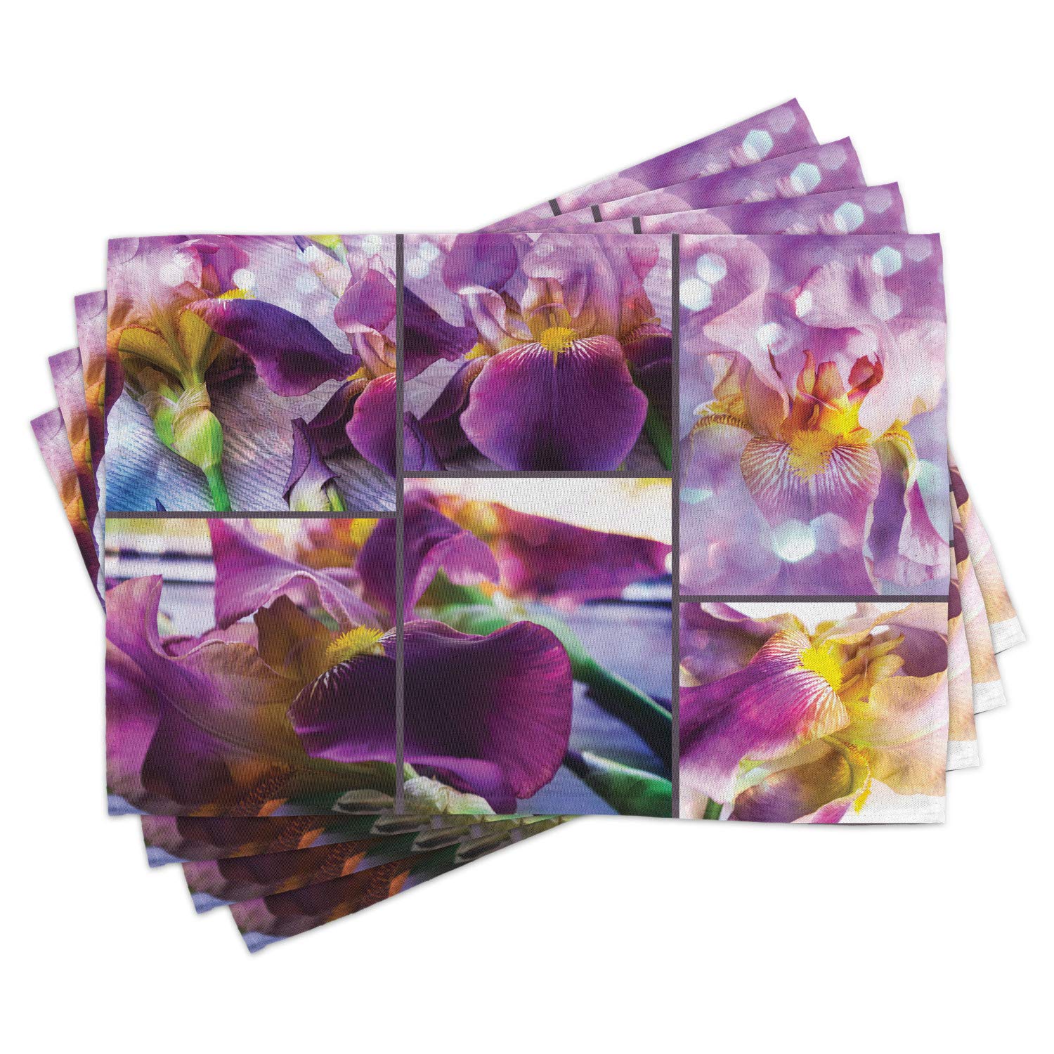 Ambesonne Rustic Place Mats Set of 4 - Blooming Iris & Orchid Floral Design on Wood Texture, Washable Fabric Table Mats for Dining Room & Kitchen Decor (Yellow & Purple) | Perfect for Spring Tablescapes, Dinner Parties & Farmhouse Style Home Decor