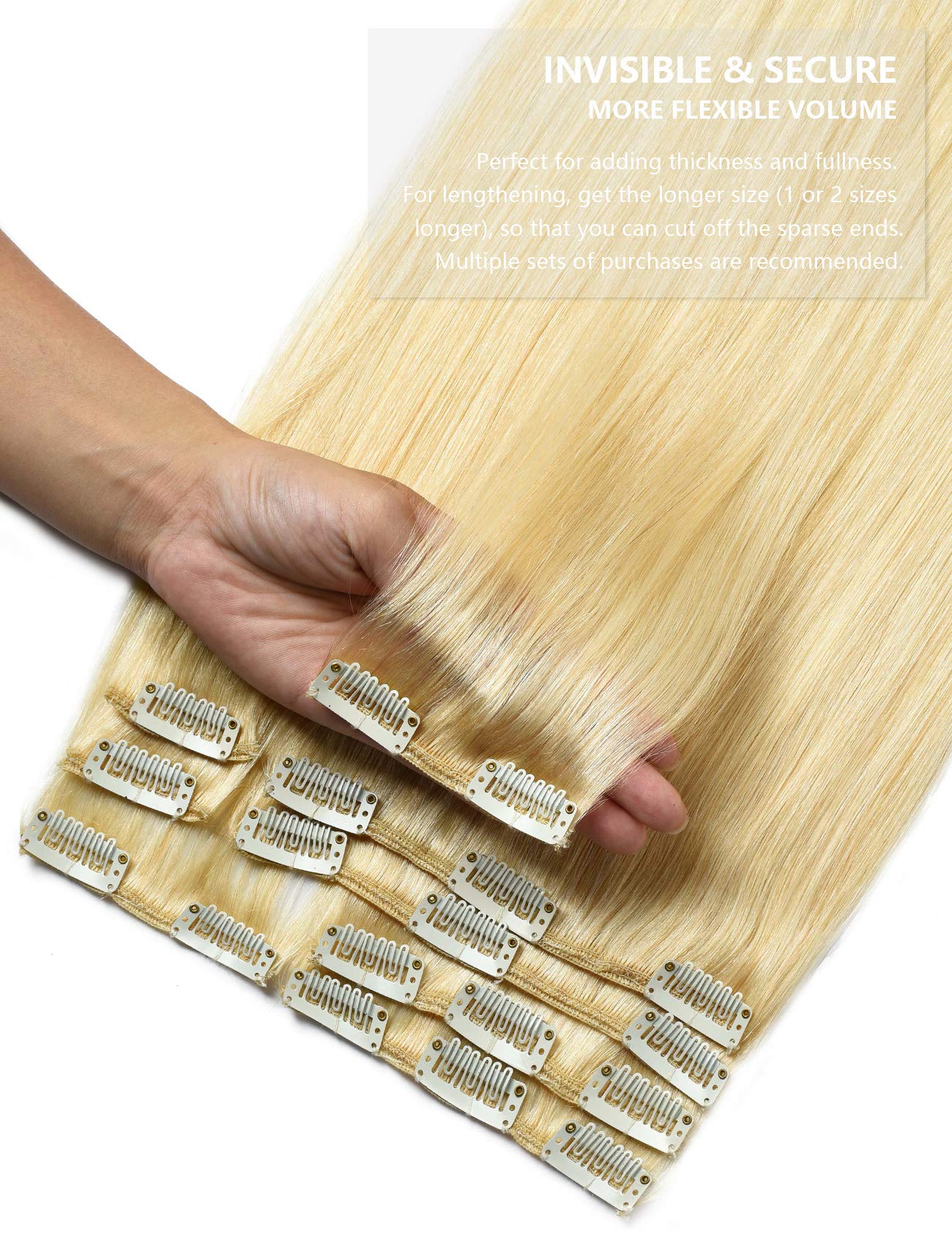 Rose Bud Clip-in Hair Extensions 8Pcs 18 Clips 65g/Set 16 Inch Bleach Blonde Remy Human Hair - Perfect for Parties, Weddings & Daily Styling